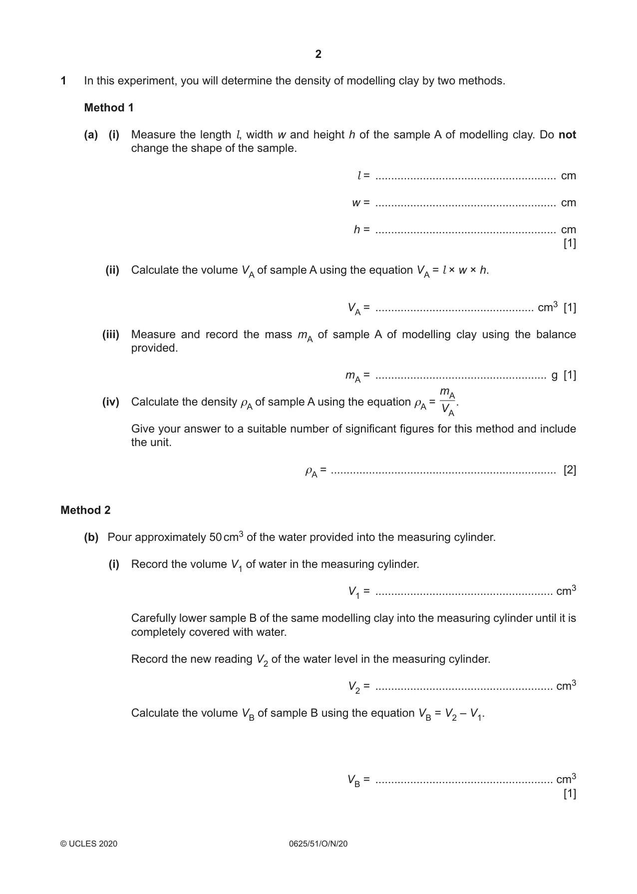 Cambridge IGCSE Physics 0625 2020 Oct/Nov Paper 5 · Variant 1 question paper, page 2 of 12