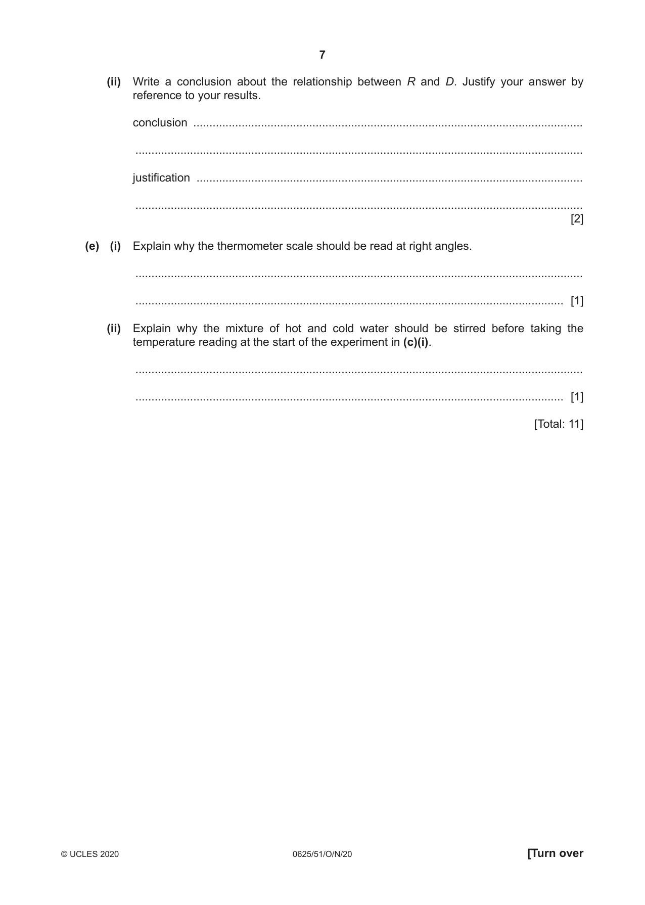 Cambridge IGCSE Physics 0625 2020 Oct/Nov Paper 5 · Variant 1 question paper, page 7 of 12