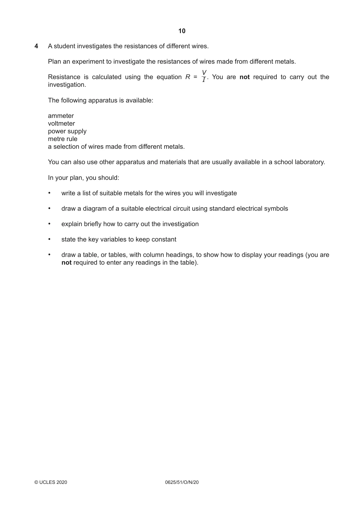 Cambridge IGCSE Physics 0625 2020 Oct/Nov Paper 5 · Variant 1 question paper, page 10 of 12