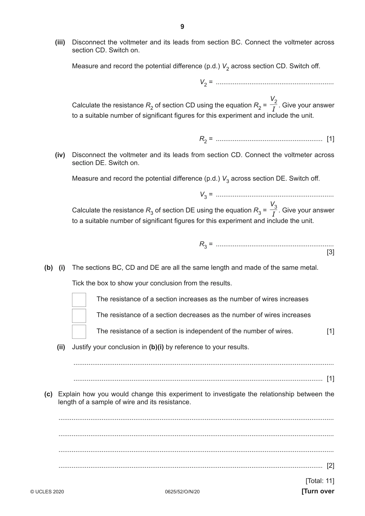 Cambridge IGCSE Physics 0625 2020 Oct/Nov Paper 5 · Variant 2 question paper, page 9 of 12