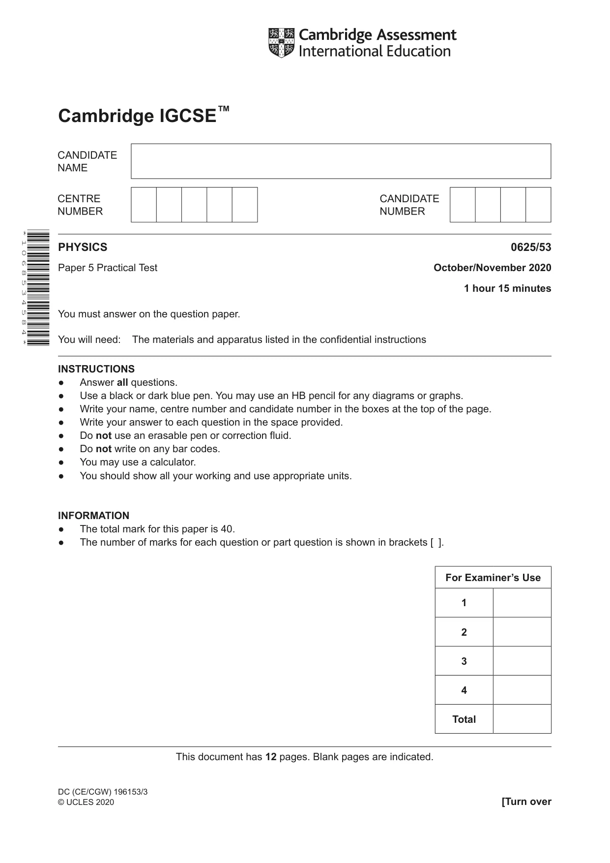 Cambridge IGCSE Physics 0625 2020 Oct/Nov Paper 5 · Variant 3 question paper, page 1 of 12