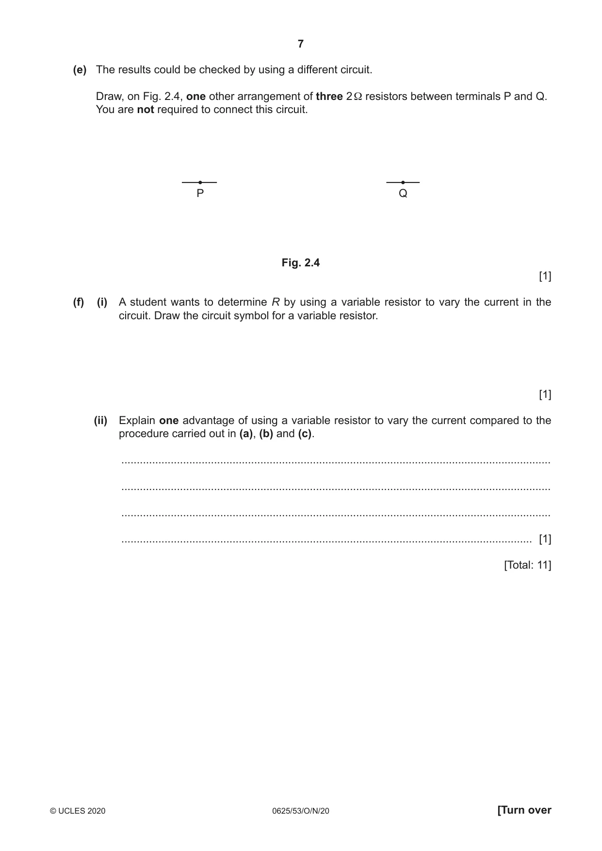 Cambridge IGCSE Physics 0625 2020 Oct/Nov Paper 5 · Variant 3 question paper, page 7 of 12