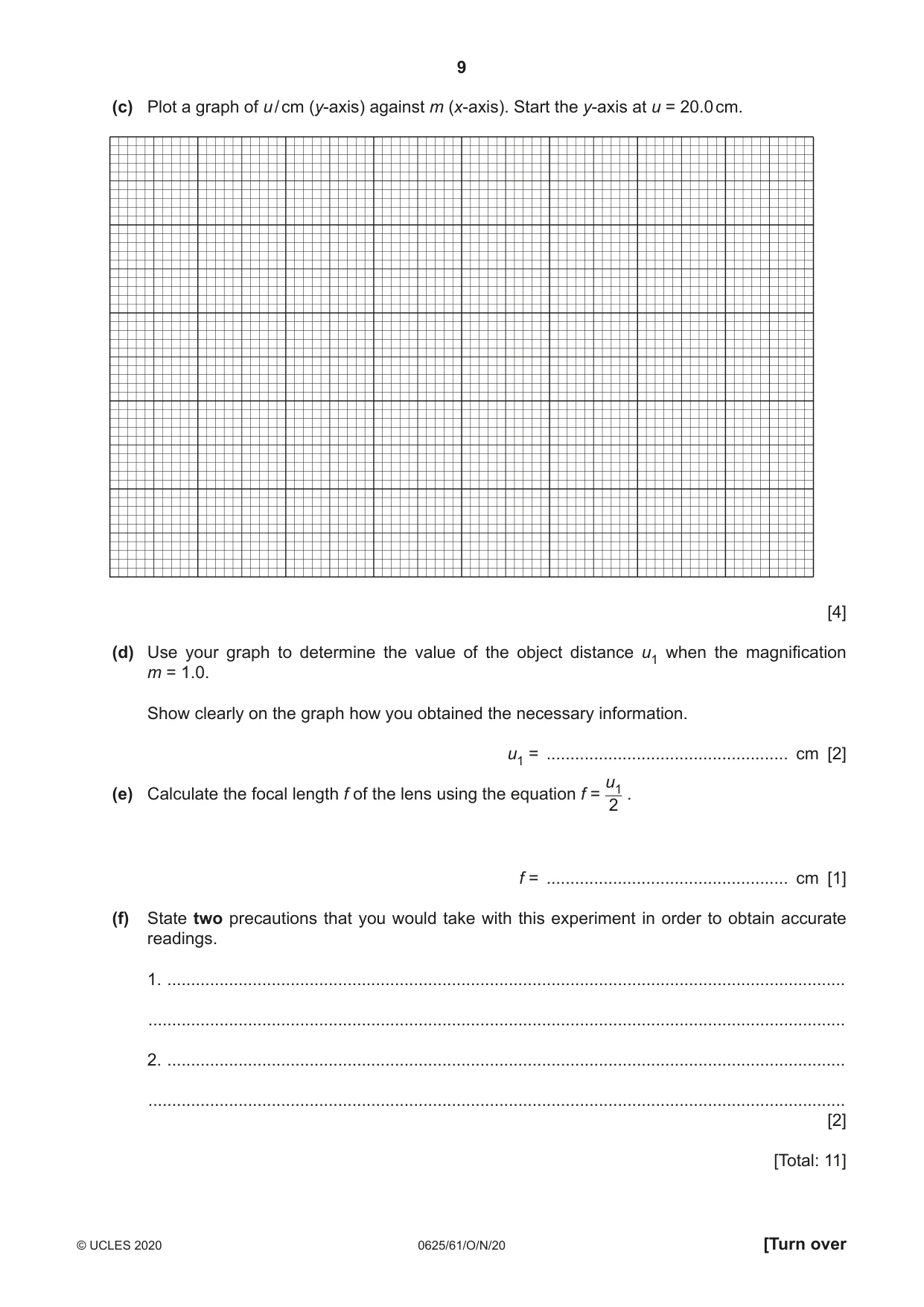 Cambridge IGCSE Physics 0625 2020 Oct/Nov Paper 6 · Variant 1 question paper, page 9 of 12