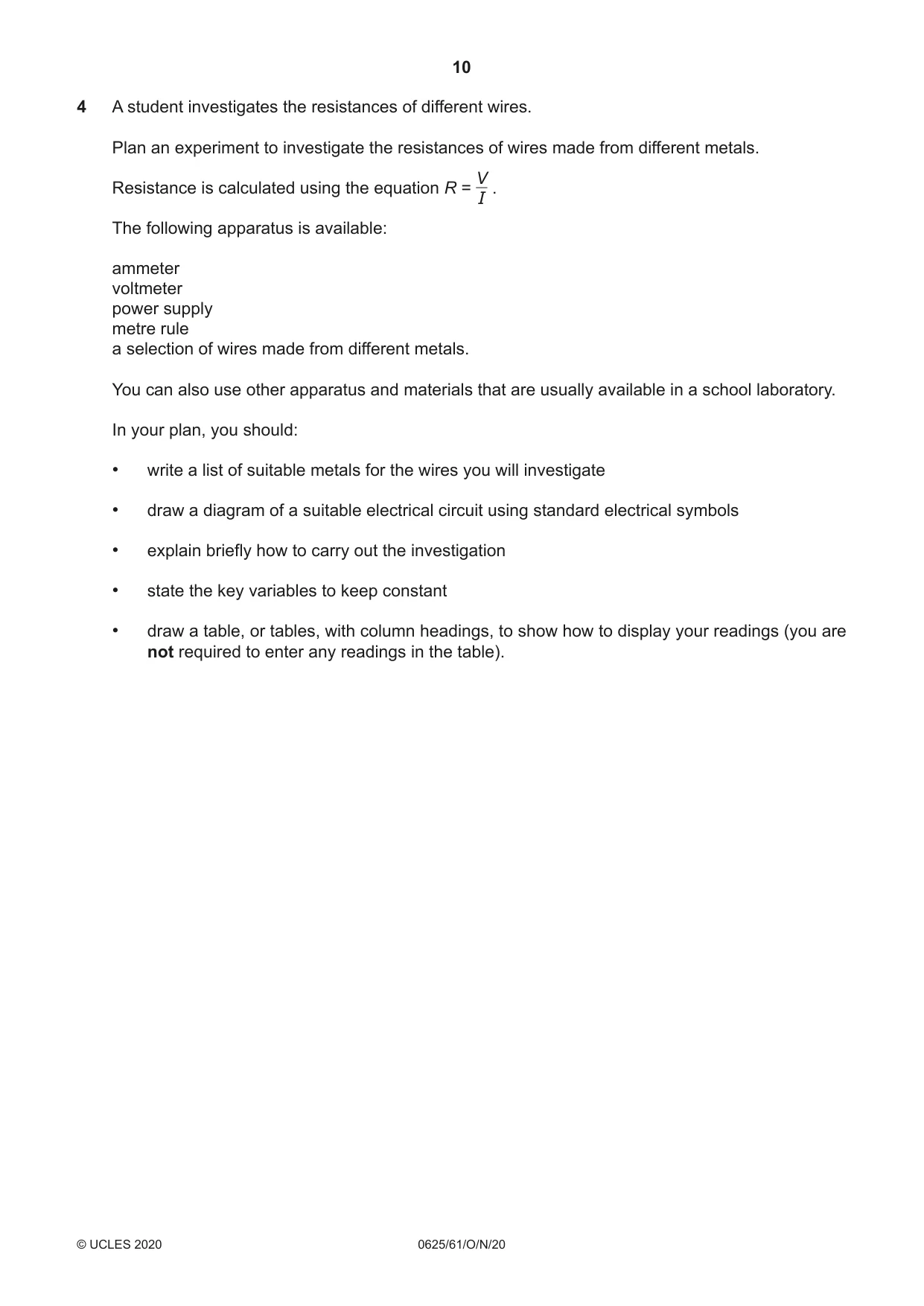 Cambridge IGCSE Physics 0625 2020 Oct/Nov Paper 6 · Variant 1 question paper, page 10 of 12