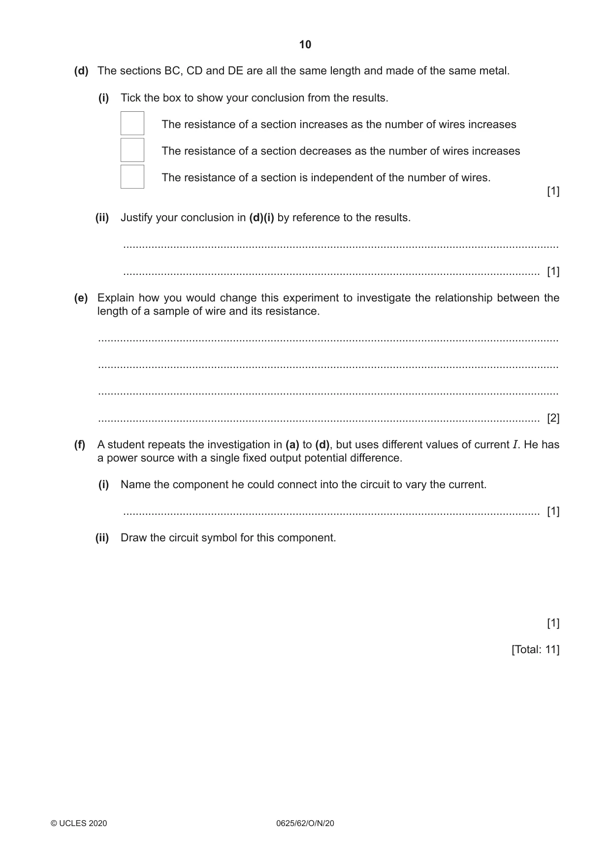 Cambridge IGCSE Physics 0625 2020 Oct/Nov Paper 6 · Variant 2 question paper, page 10 of 12