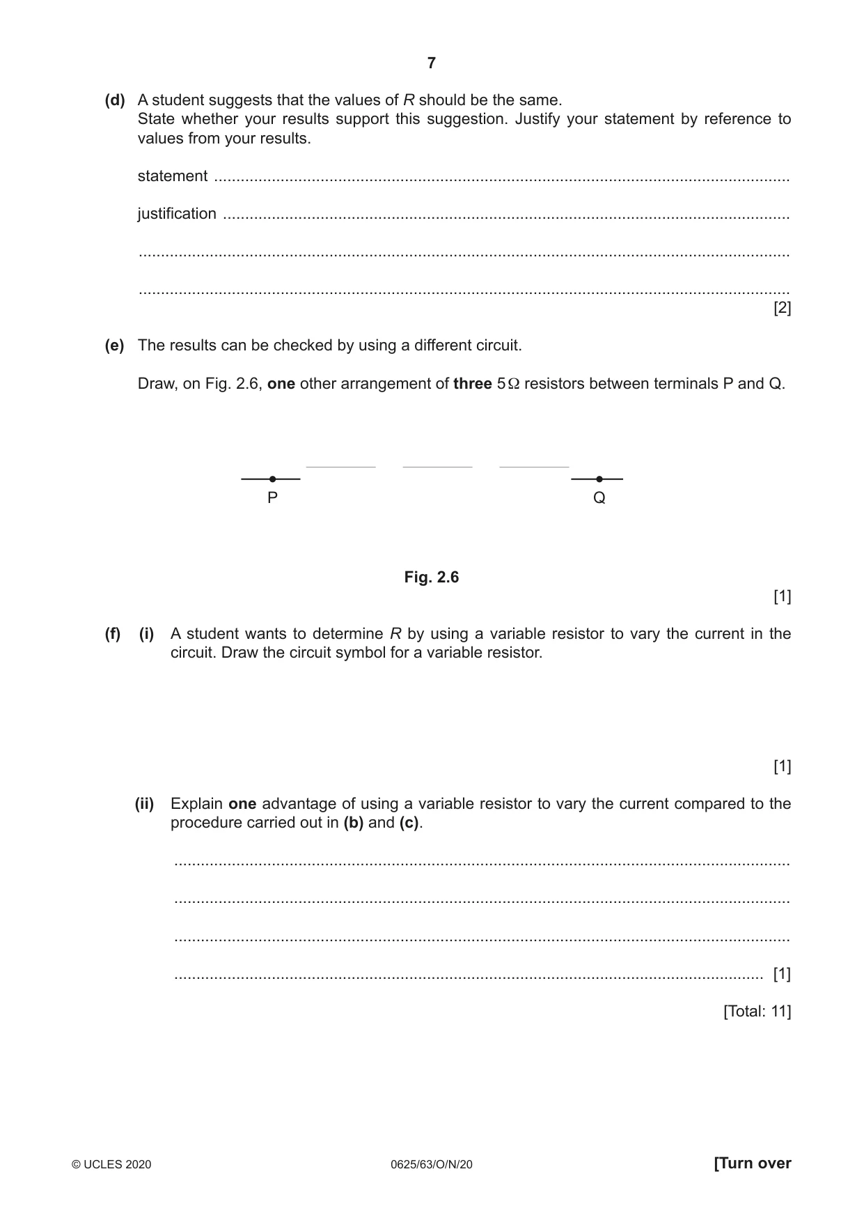 Cambridge IGCSE Physics 0625 2020 Oct/Nov Paper 6 · Variant 3 question paper, page 7 of 12