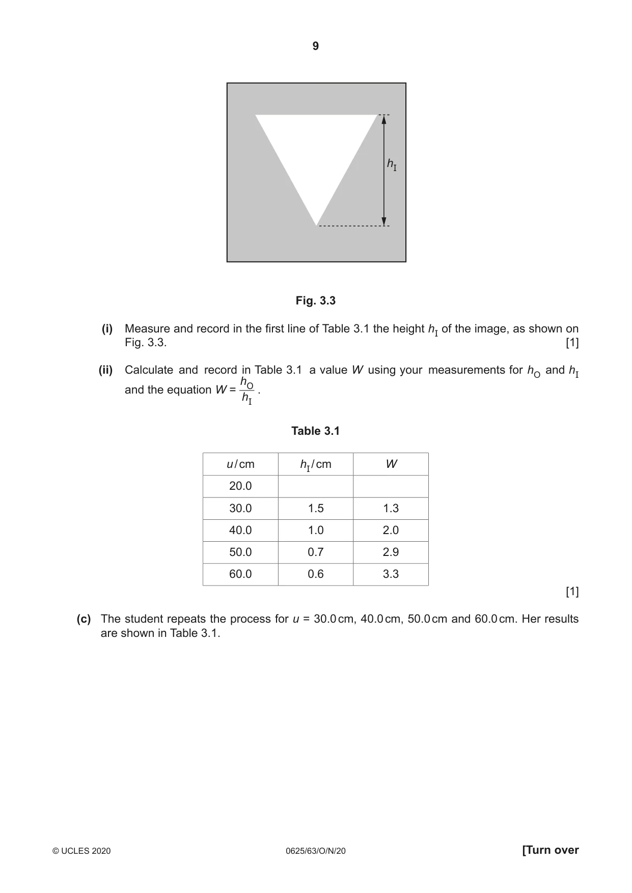 Cambridge IGCSE Physics 0625 2020 Oct/Nov Paper 6 · Variant 3 question paper, page 9 of 12