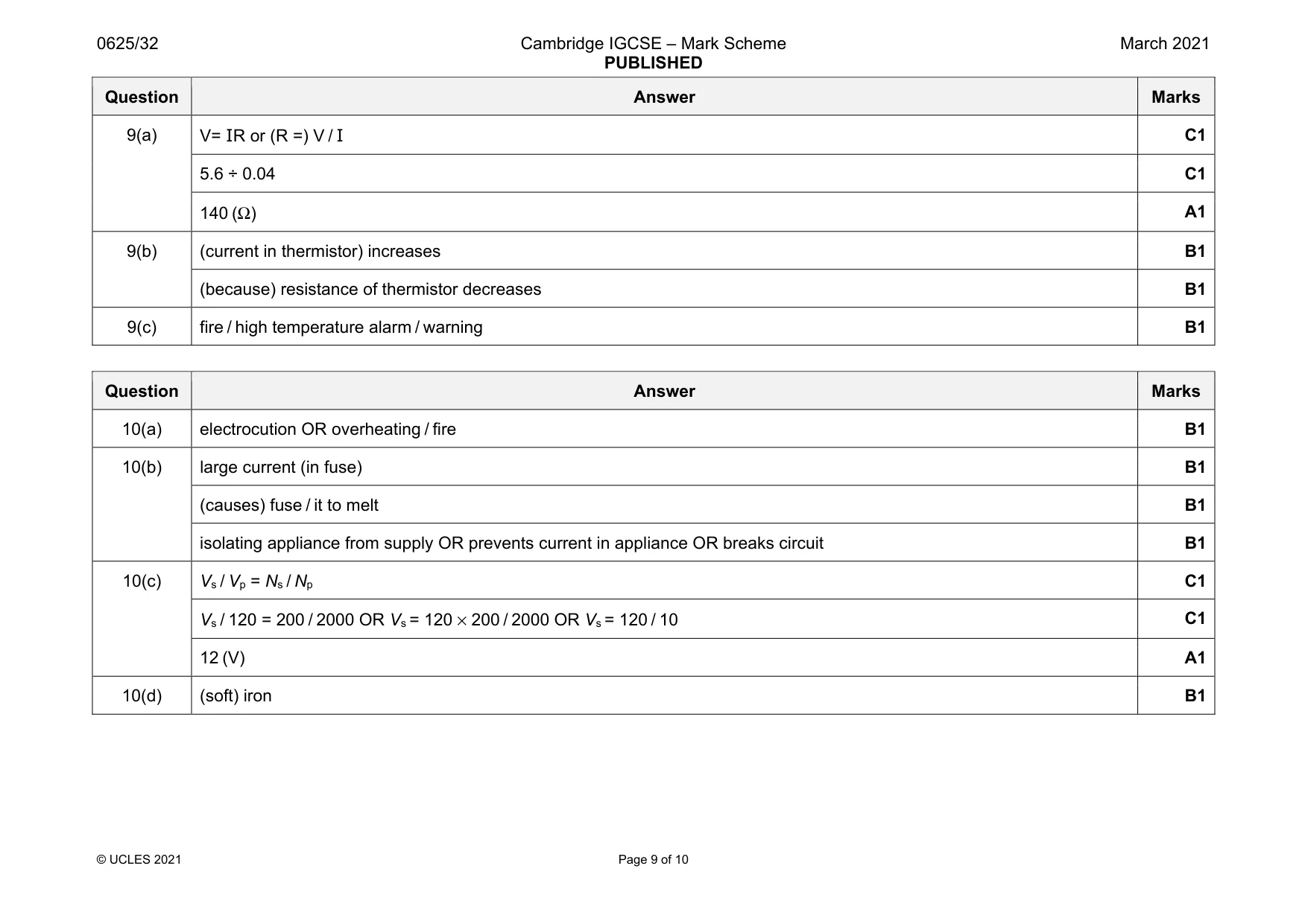 Mark scheme, page 9 of 10