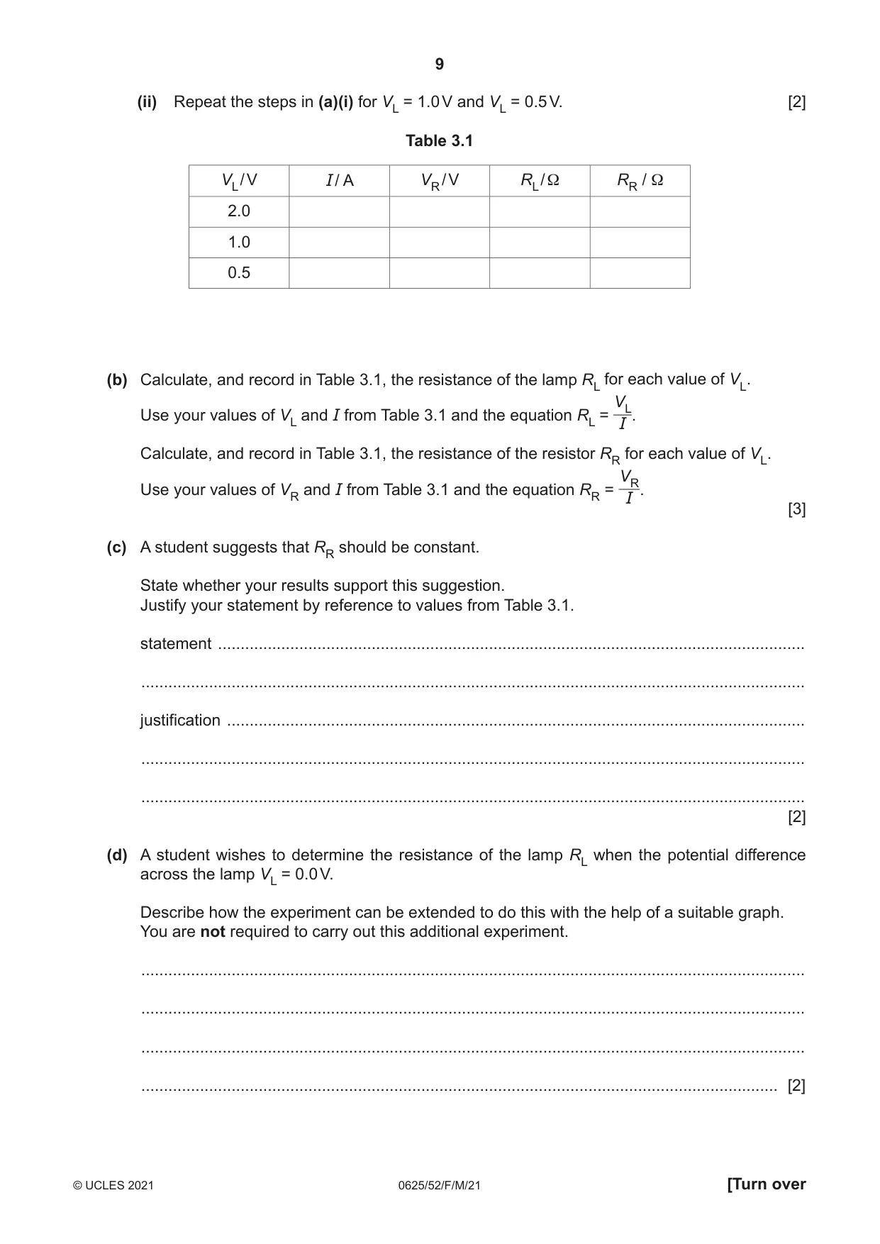 Cambridge IGCSE Physics 0625 2021 Feb/March Paper 5 · Variant 2 question paper, page 9 of 12