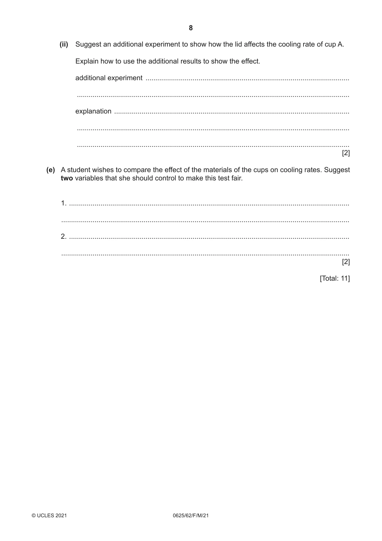 Cambridge IGCSE Physics 0625 2021 Feb/March Paper 6 · Variant 2 question paper, page 8 of 16