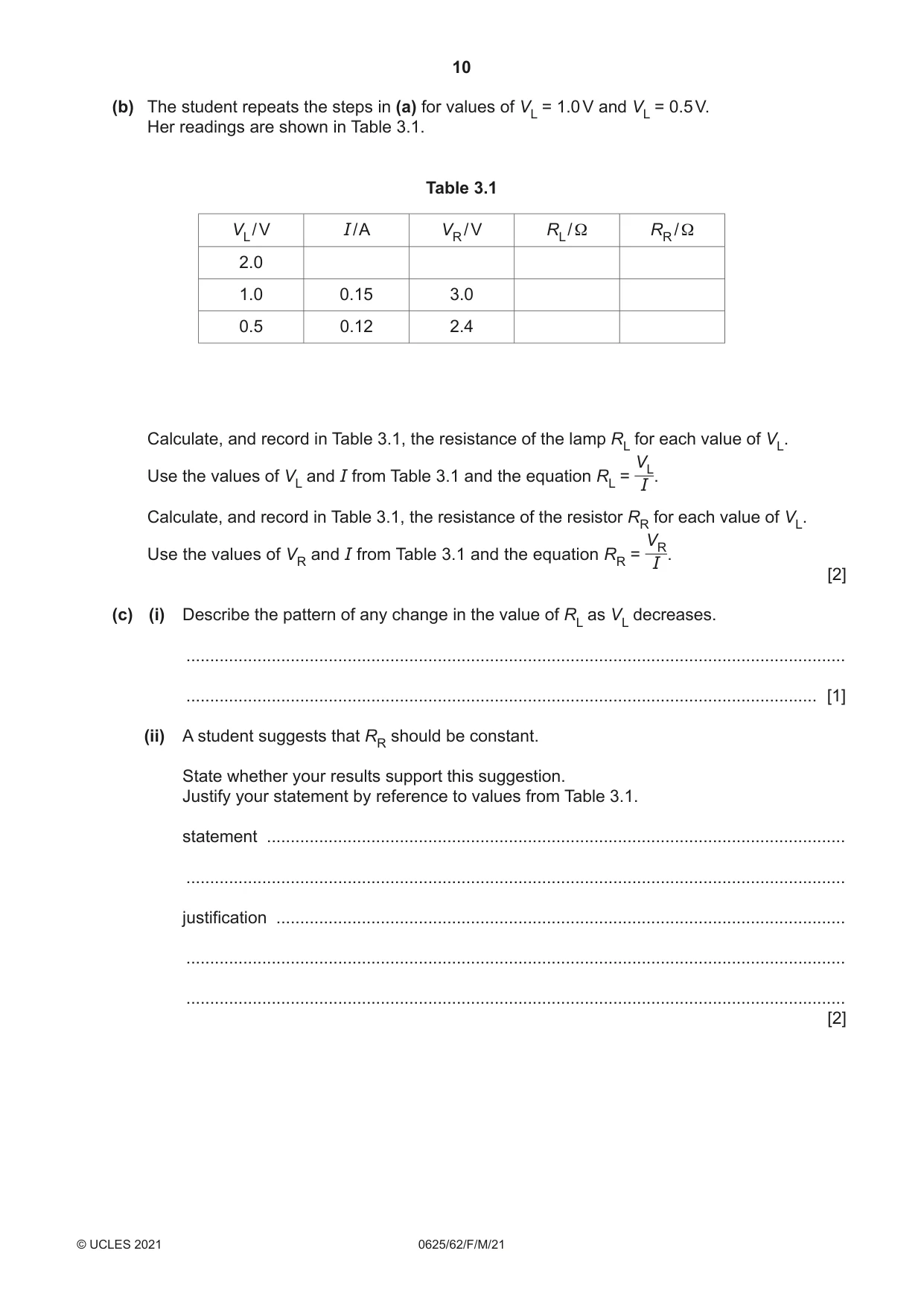 Cambridge IGCSE Physics 0625 2021 Feb/March Paper 6 · Variant 2 question paper, page 10 of 16