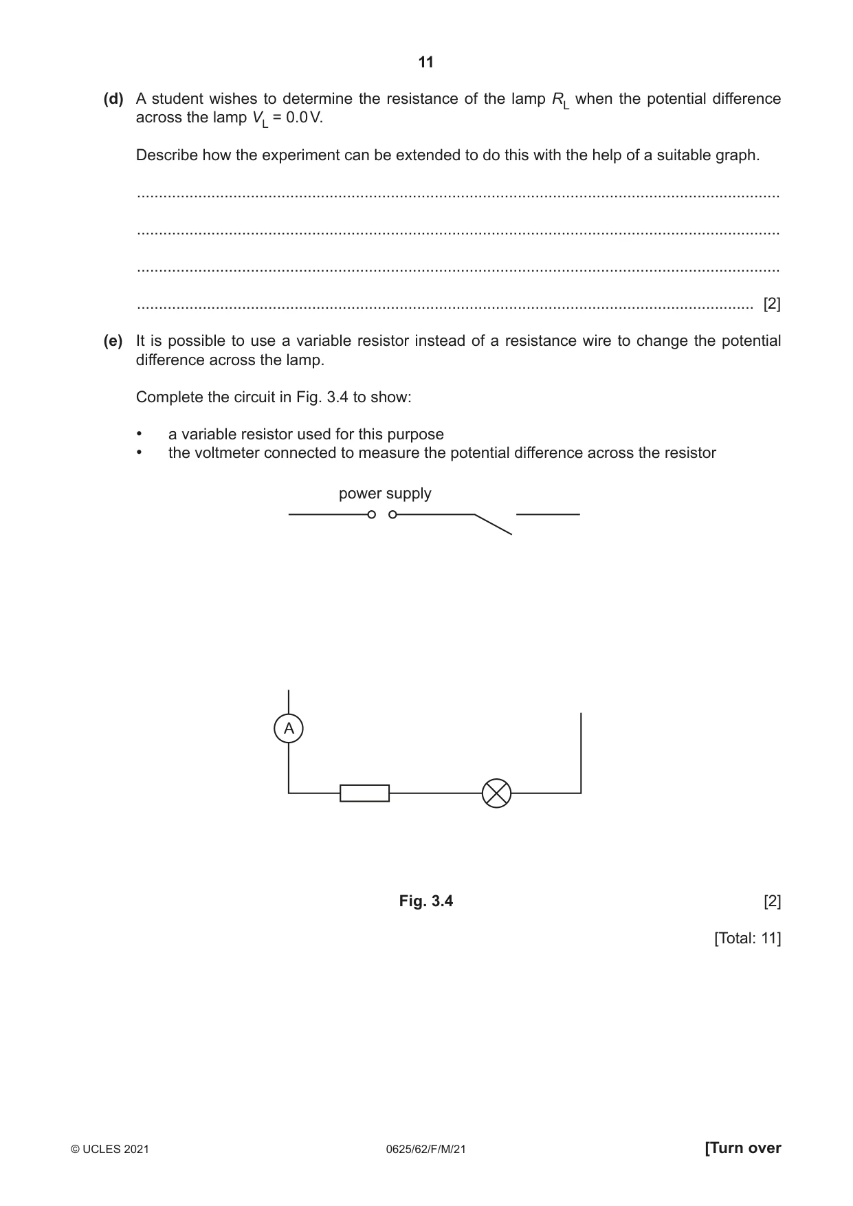 Cambridge IGCSE Physics 0625 2021 Feb/March Paper 6 · Variant 2 question paper, page 11 of 16