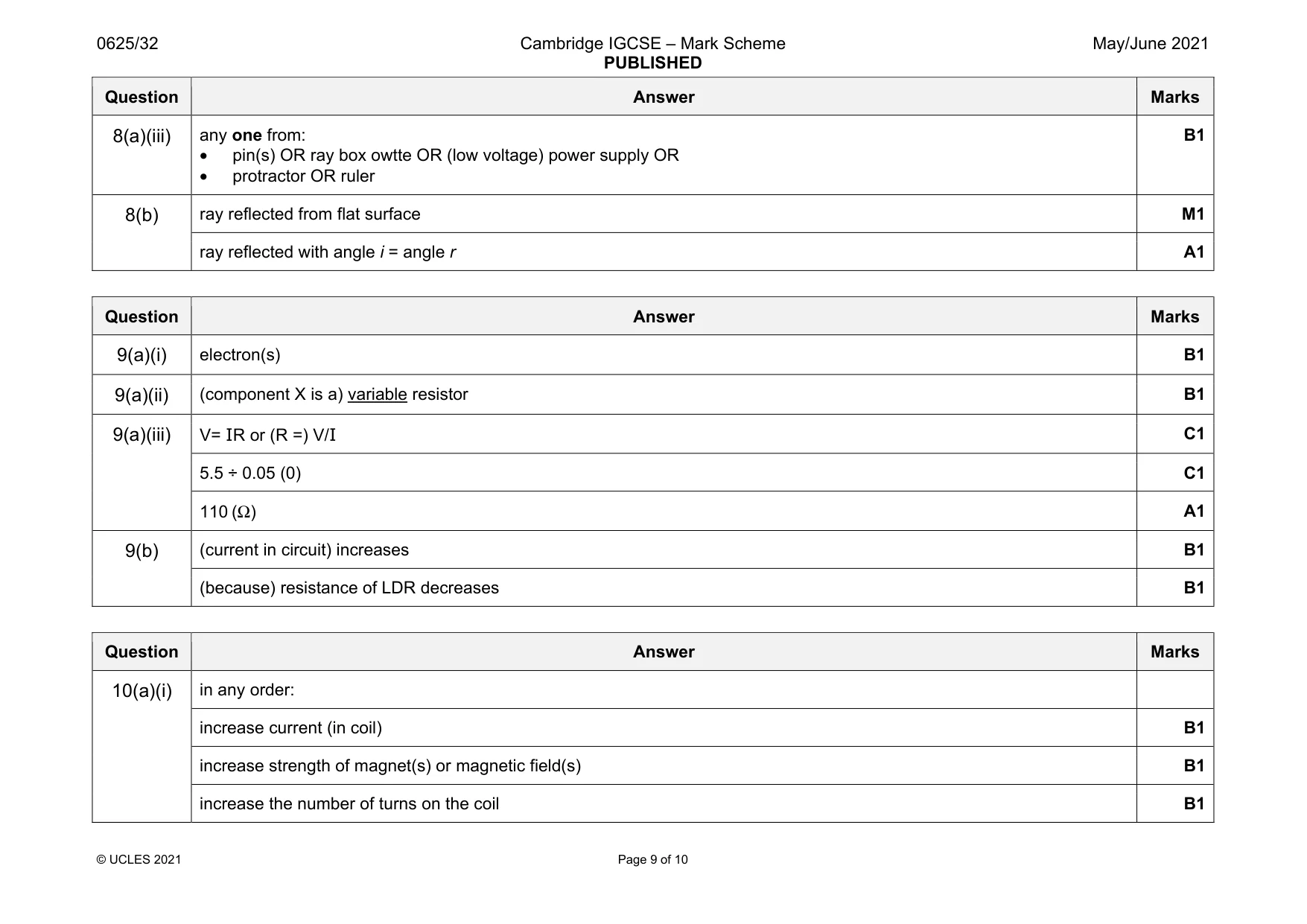 Mark scheme, page 9 of 10