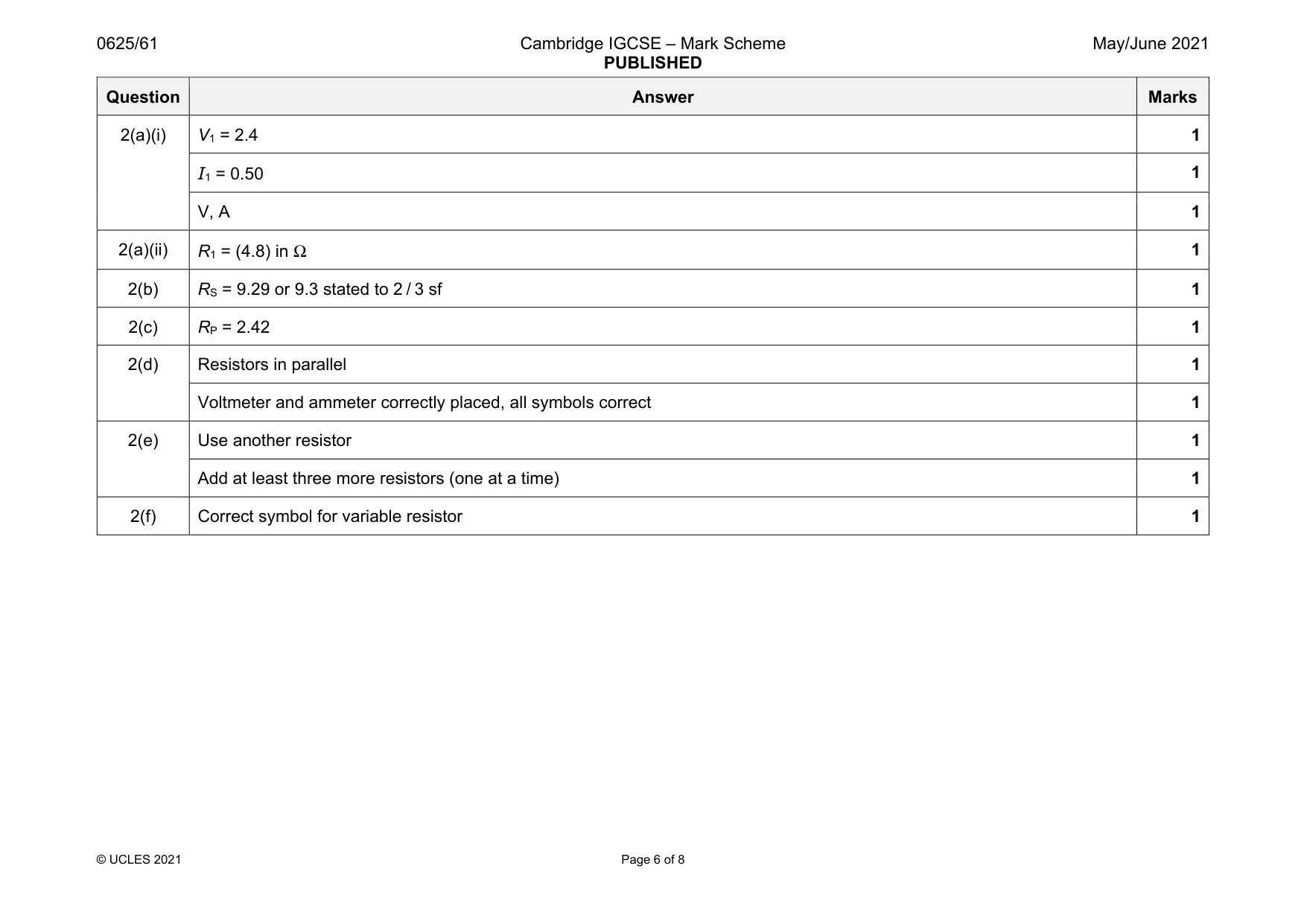Mark scheme, page 6 of 8