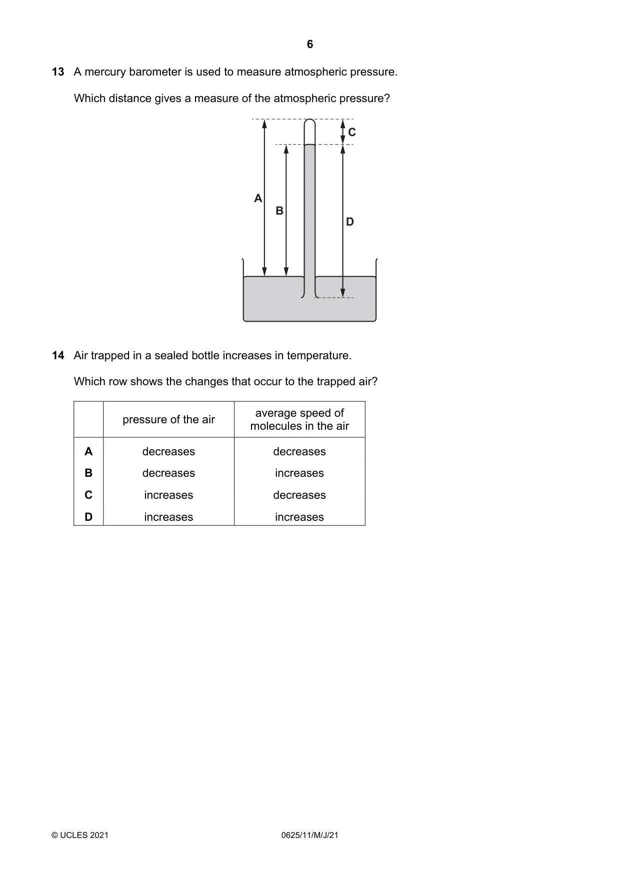 Cambridge IGCSE Physics 0625 2021 May/June Paper 1 · Variant 1 question paper, page 6 of 16