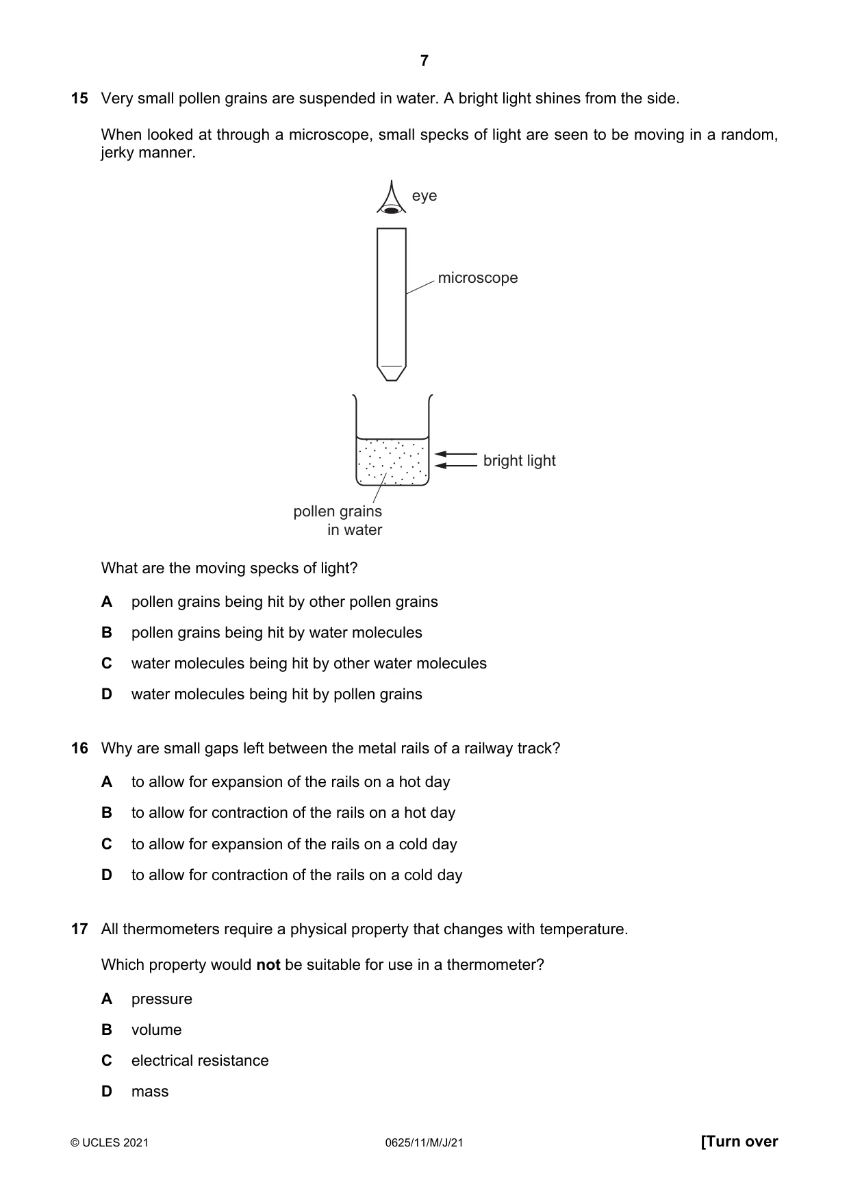 Cambridge IGCSE Physics 0625 2021 May/June Paper 1 · Variant 1 question paper, page 7 of 16