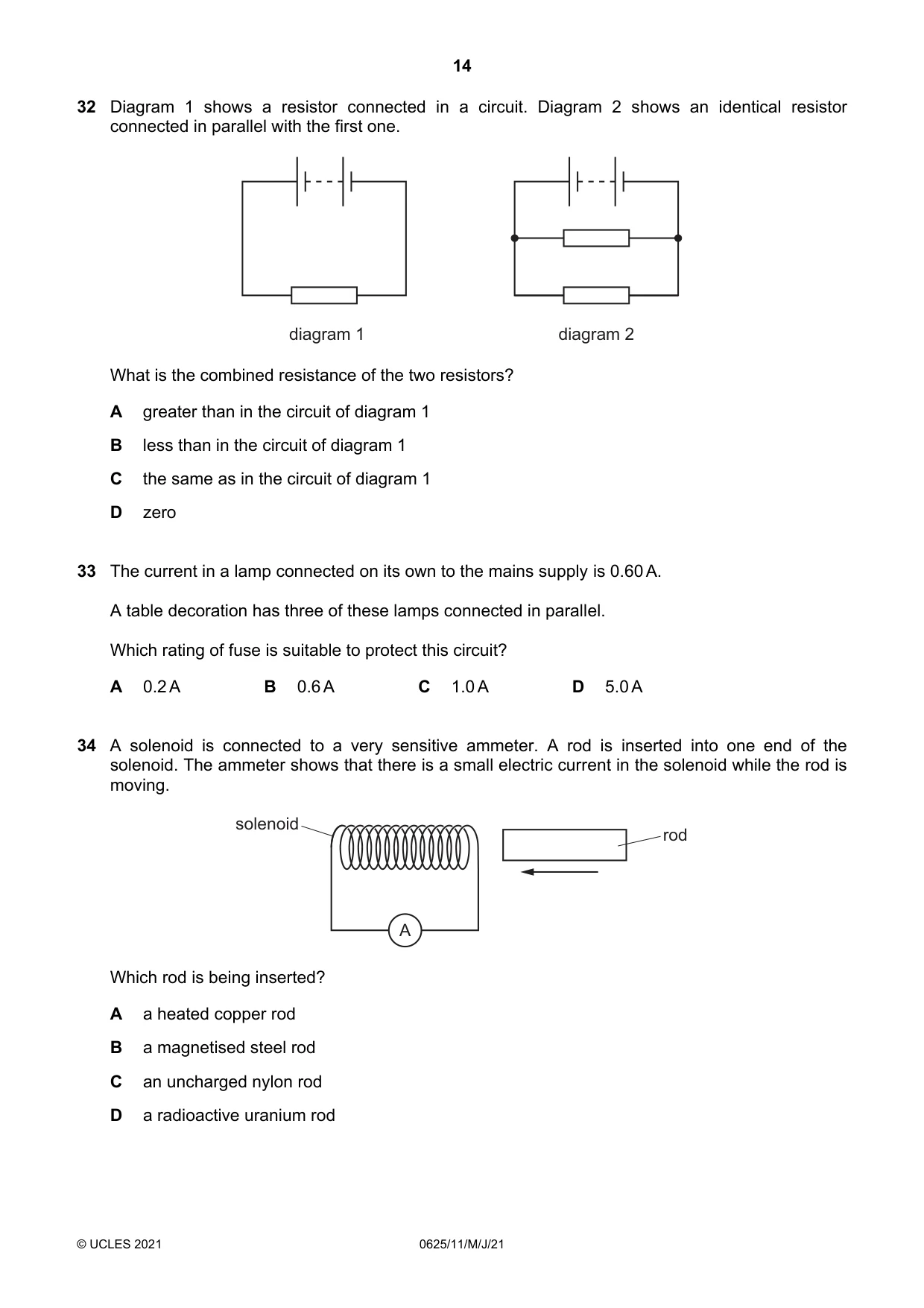 Cambridge IGCSE Physics 0625 2021 May/June Paper 1 · Variant 1 question paper, page 14 of 16