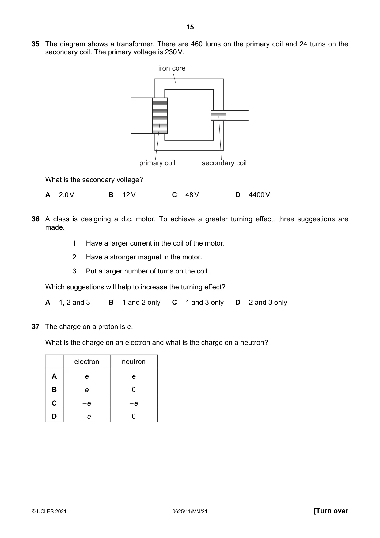 Cambridge IGCSE Physics 0625 2021 May/June Paper 1 · Variant 1 question paper, page 15 of 16