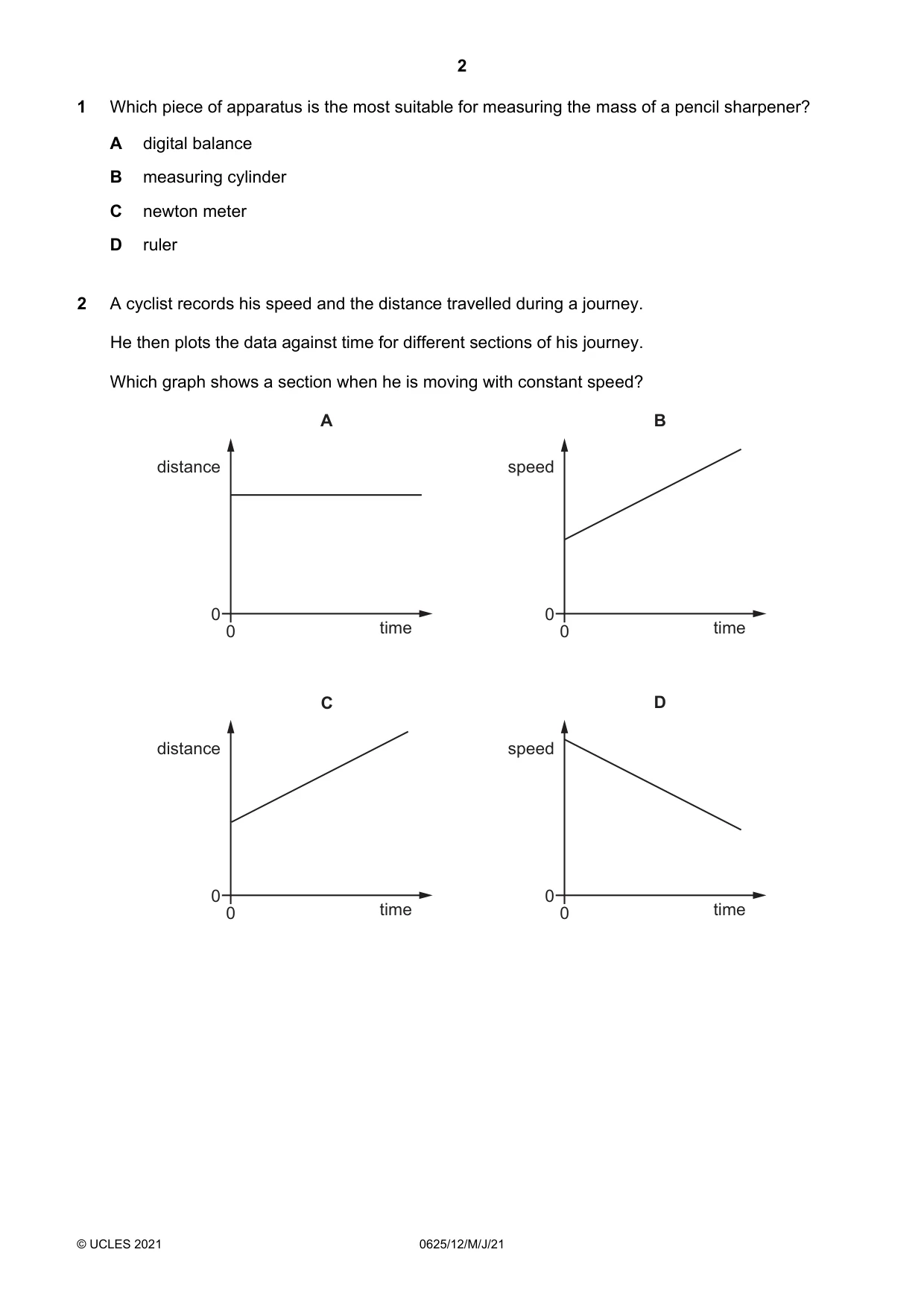 Cambridge IGCSE Physics 0625 2021 May/June Paper 1 · Variant 2 question paper, page 2 of 20