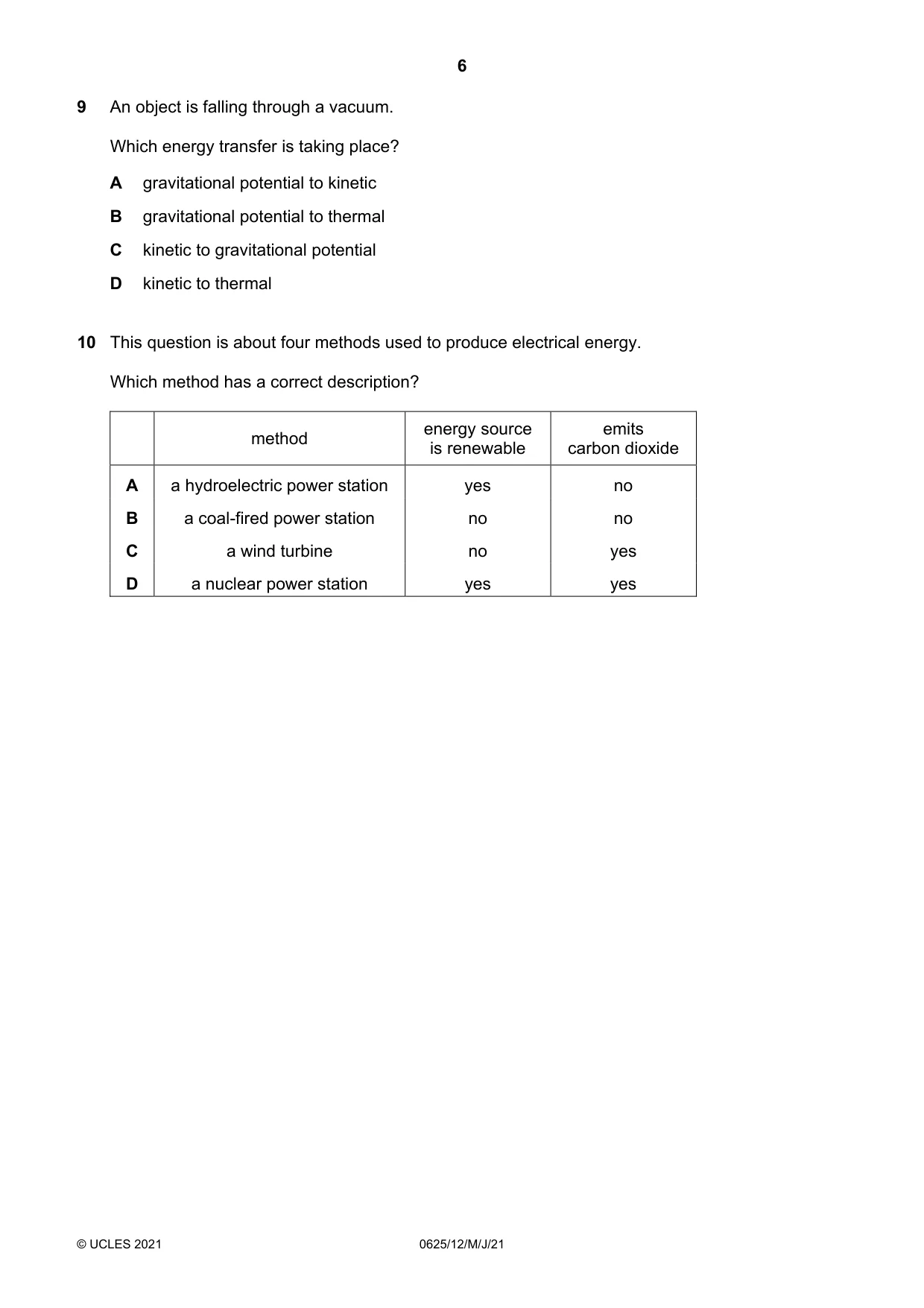 Cambridge IGCSE Physics 0625 2021 May/June Paper 1 · Variant 2 question paper, page 6 of 20