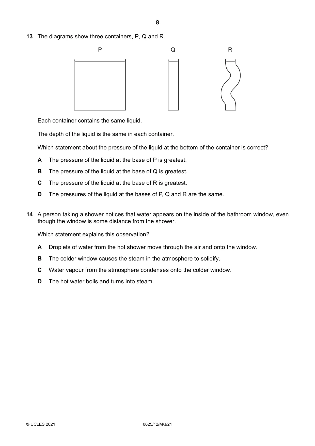 Cambridge IGCSE Physics 0625 2021 May/June Paper 1 · Variant 2 question paper, page 8 of 20