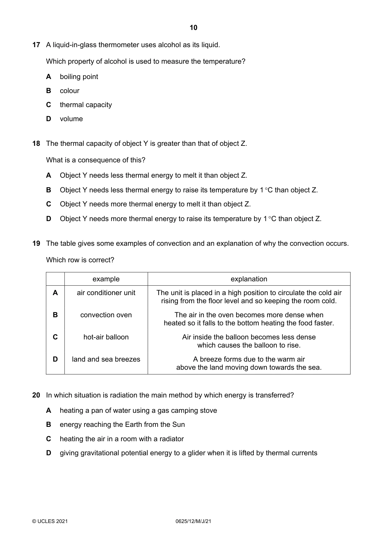 Cambridge IGCSE Physics 0625 2021 May/June Paper 1 · Variant 2 question paper, page 10 of 20