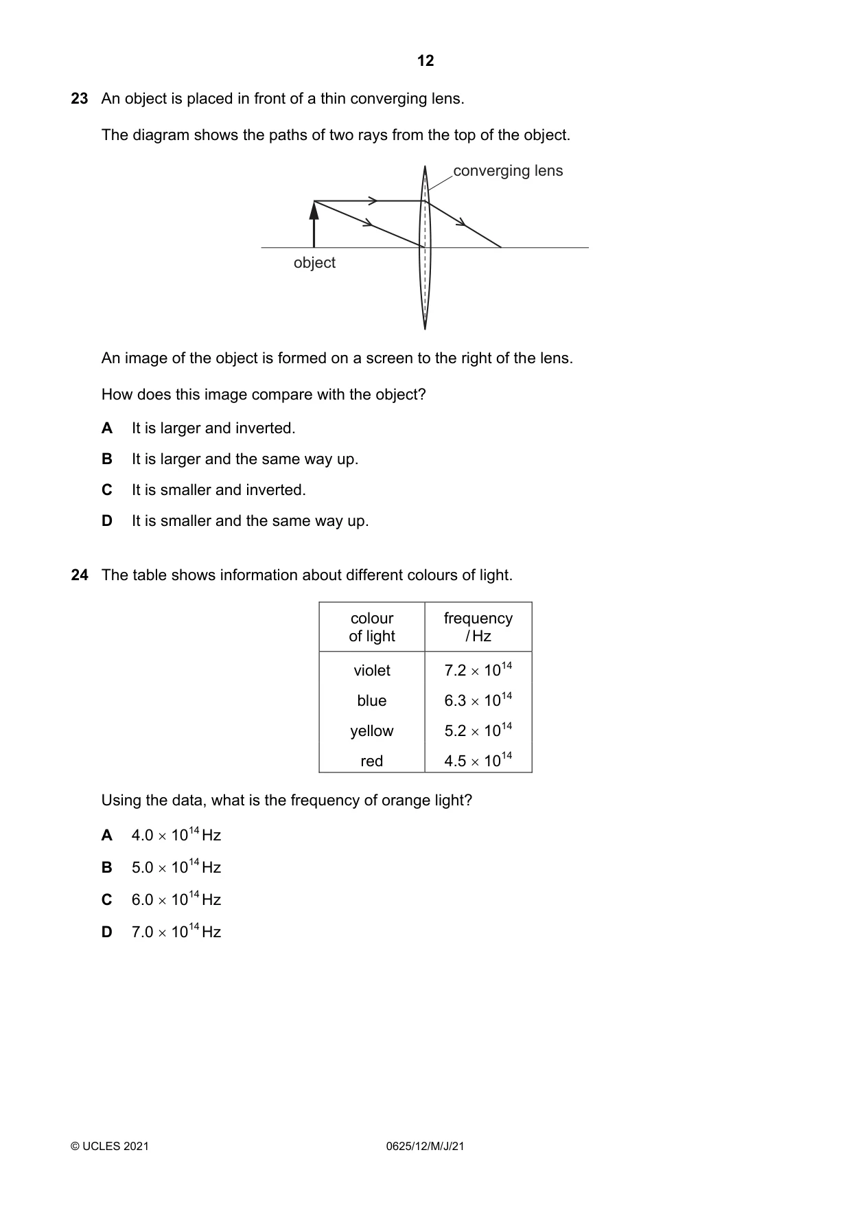 Cambridge IGCSE Physics 0625 2021 May/June Paper 1 · Variant 2 question paper, page 12 of 20