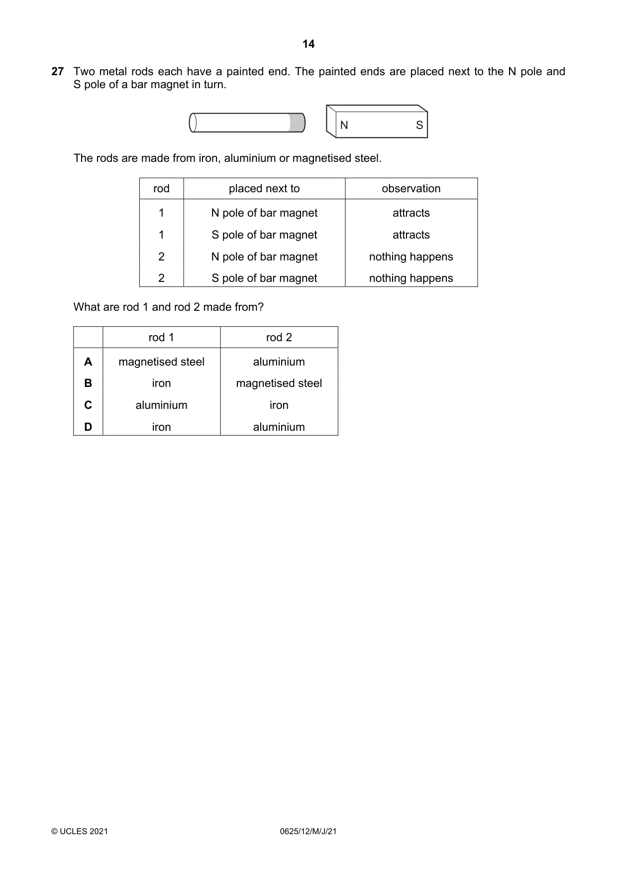 Cambridge IGCSE Physics 0625 2021 May/June Paper 1 · Variant 2 question paper, page 14 of 20