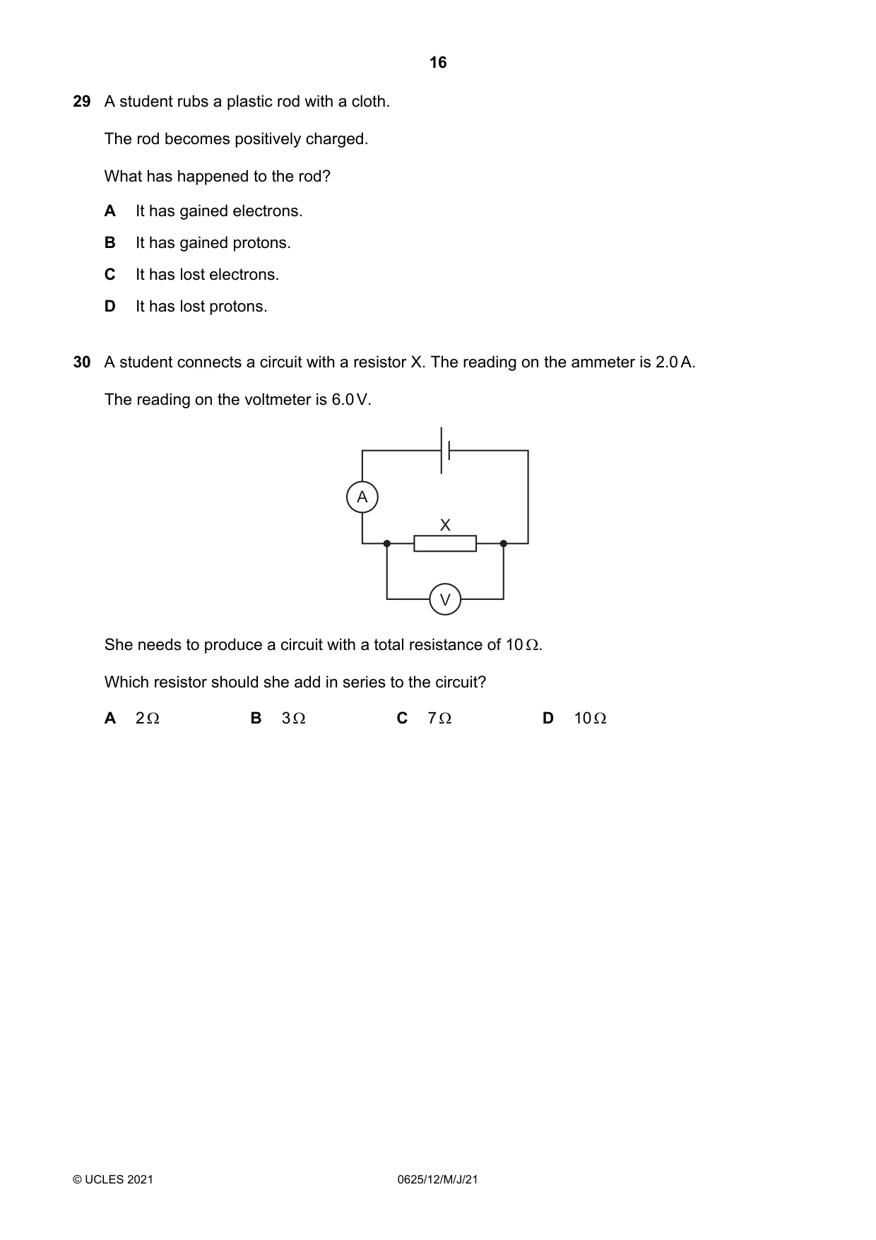 Cambridge IGCSE Physics 0625 2021 May/June Paper 1 · Variant 2 question paper, page 16 of 20