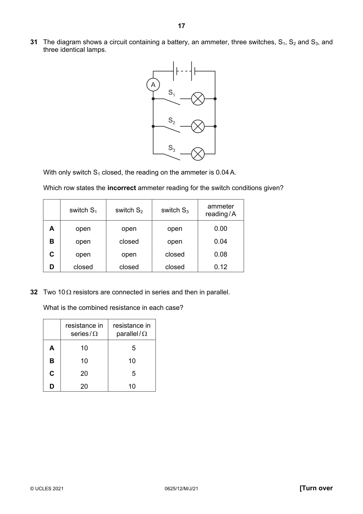 Cambridge IGCSE Physics 0625 2021 May/June Paper 1 · Variant 2 question paper, page 17 of 20