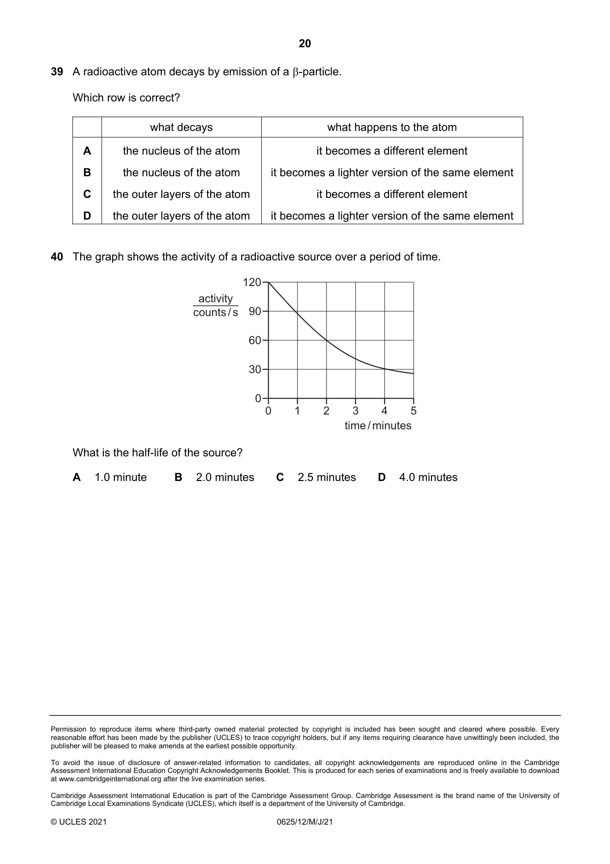 Cambridge IGCSE Physics 0625 2021 May/June Paper 1 · Variant 2 question paper, page 20 of 20