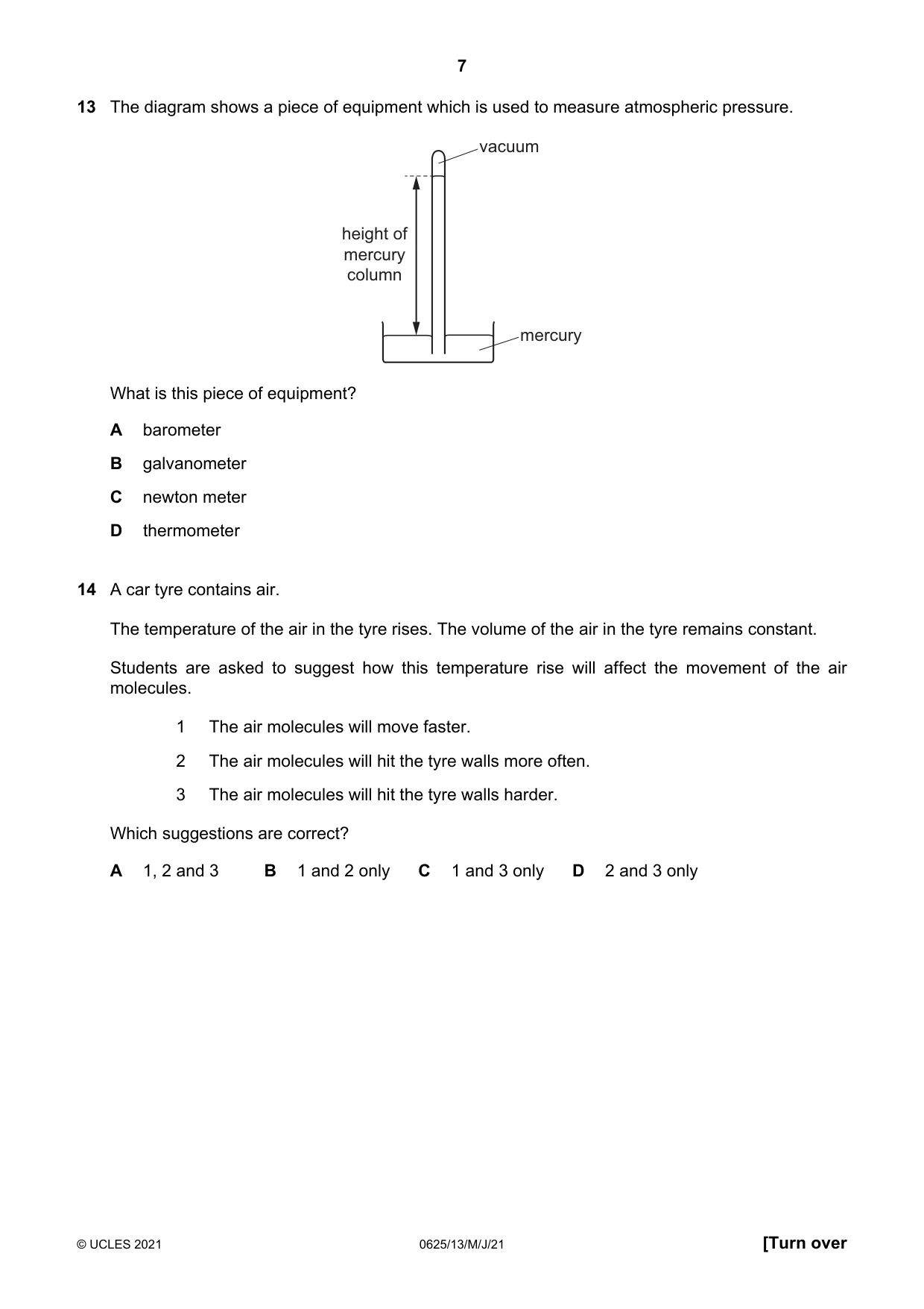 Cambridge IGCSE Physics 0625 2021 May/June Paper 1 · Variant 3 question paper, page 7 of 20