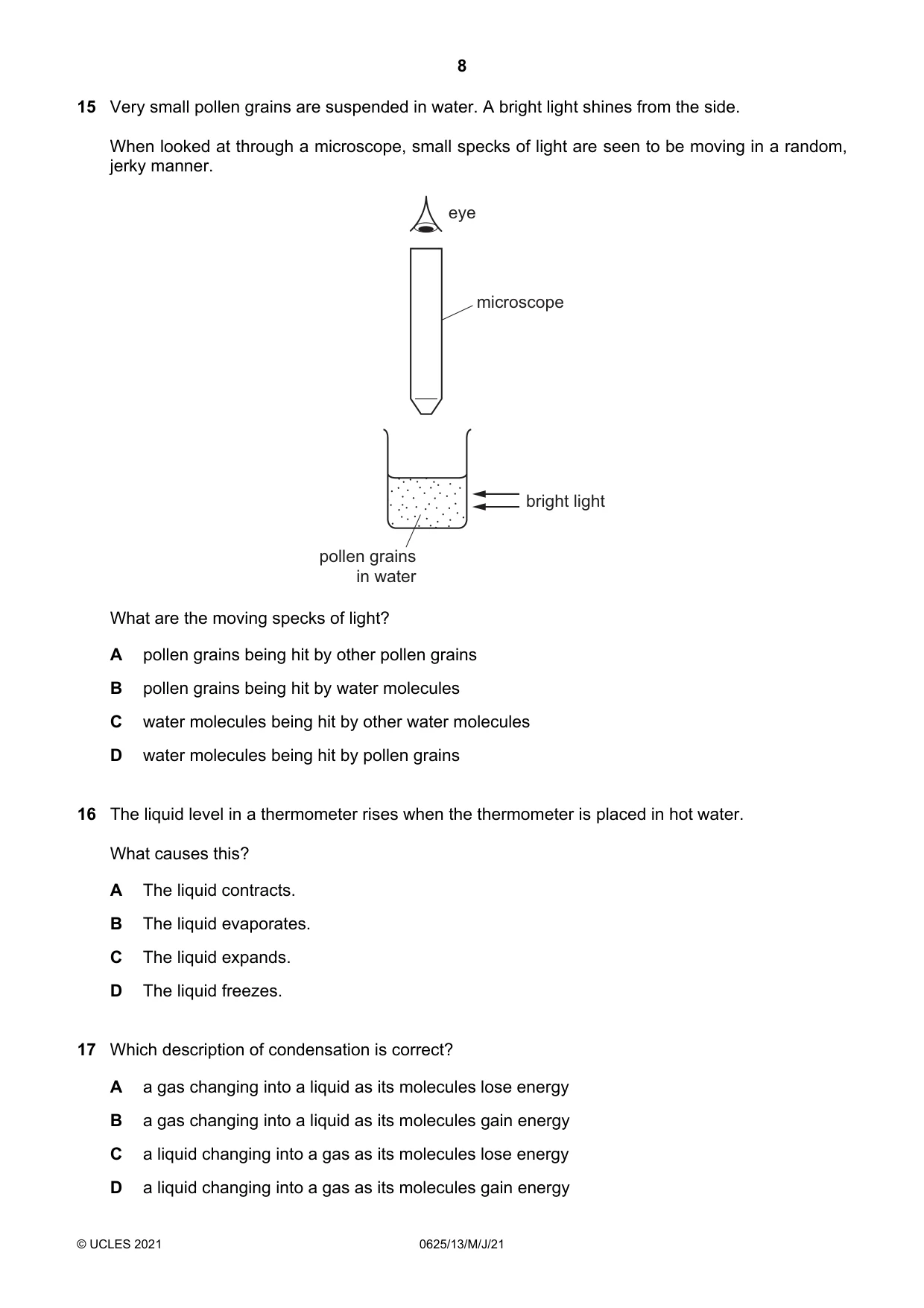 Cambridge IGCSE Physics 0625 2021 May/June Paper 1 · Variant 3 question paper, page 8 of 20