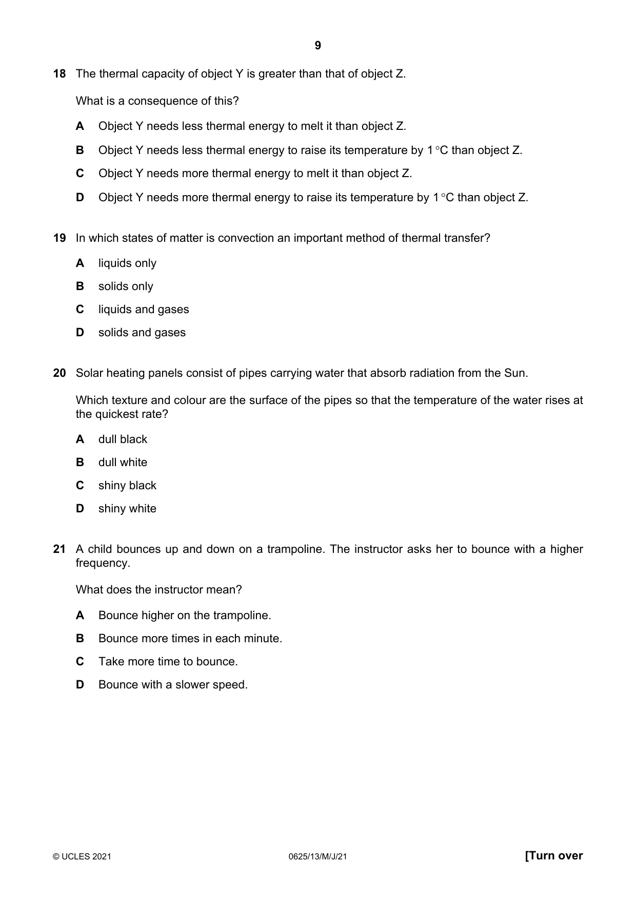 Cambridge IGCSE Physics 0625 2021 May/June Paper 1 · Variant 3 question paper, page 9 of 20