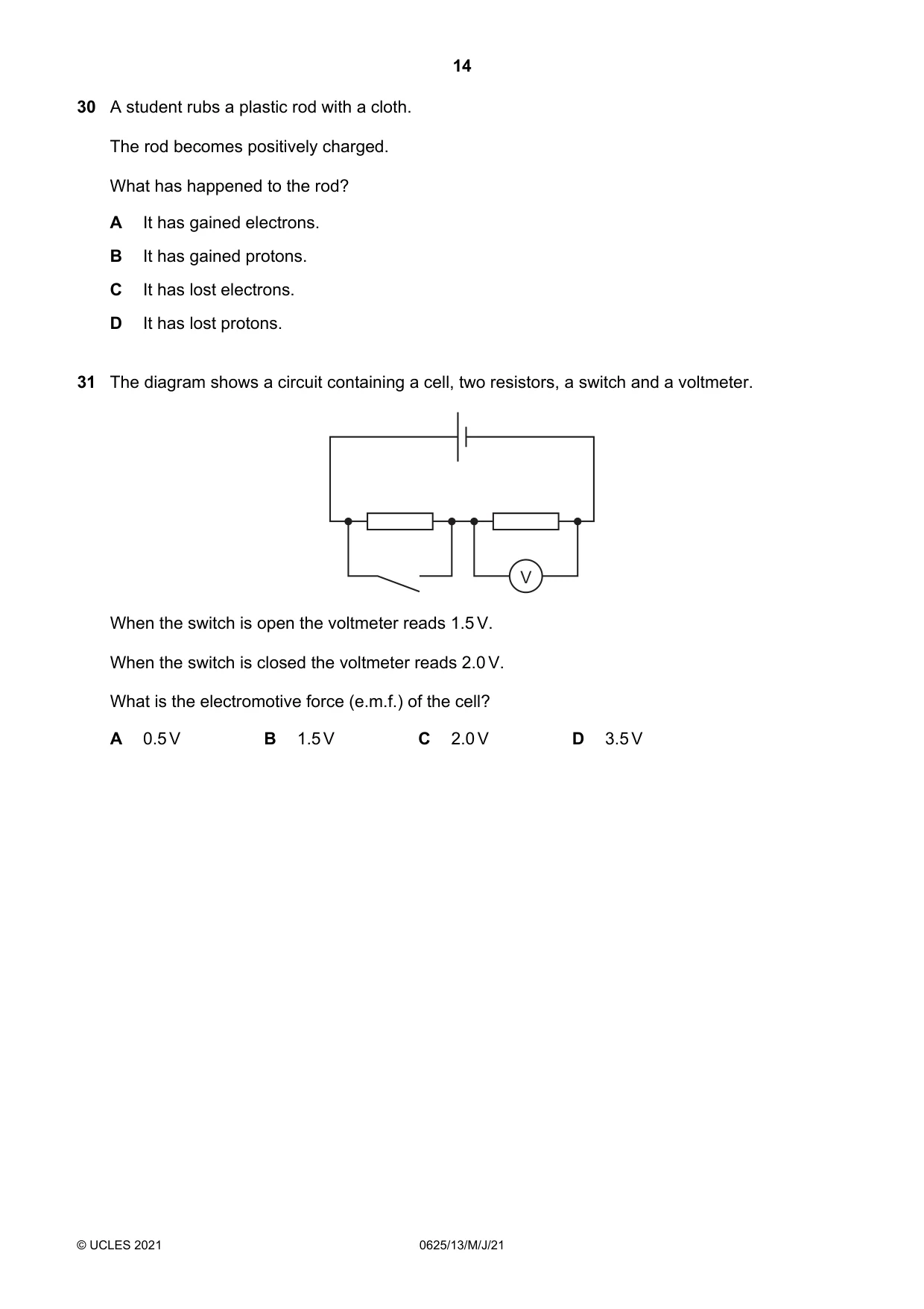 Cambridge IGCSE Physics 0625 2021 May/June Paper 1 · Variant 3 question paper, page 14 of 20