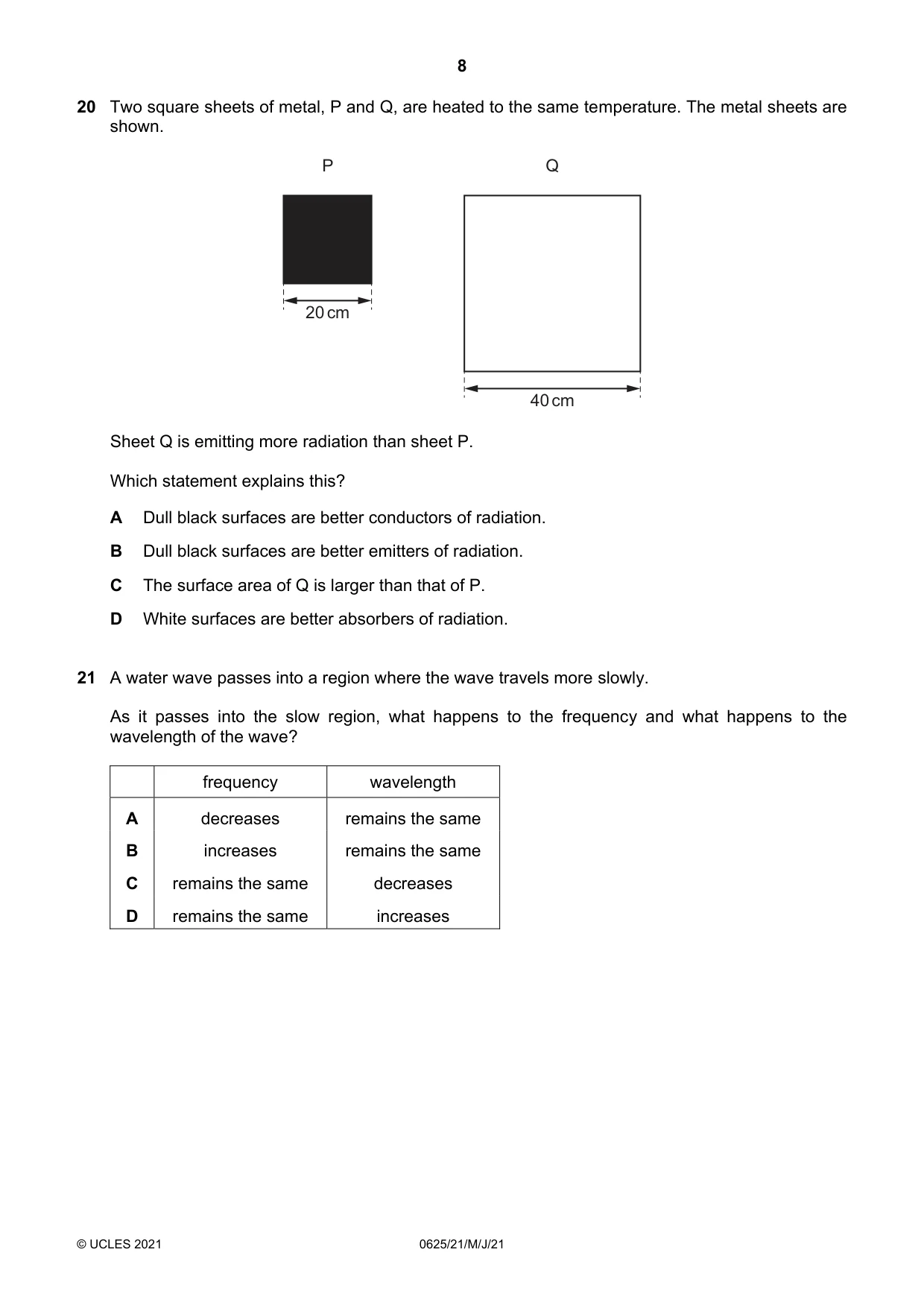 Cambridge IGCSE Physics 0625 2021 May/June Paper 2 · Variant 1 question paper, page 8 of 16