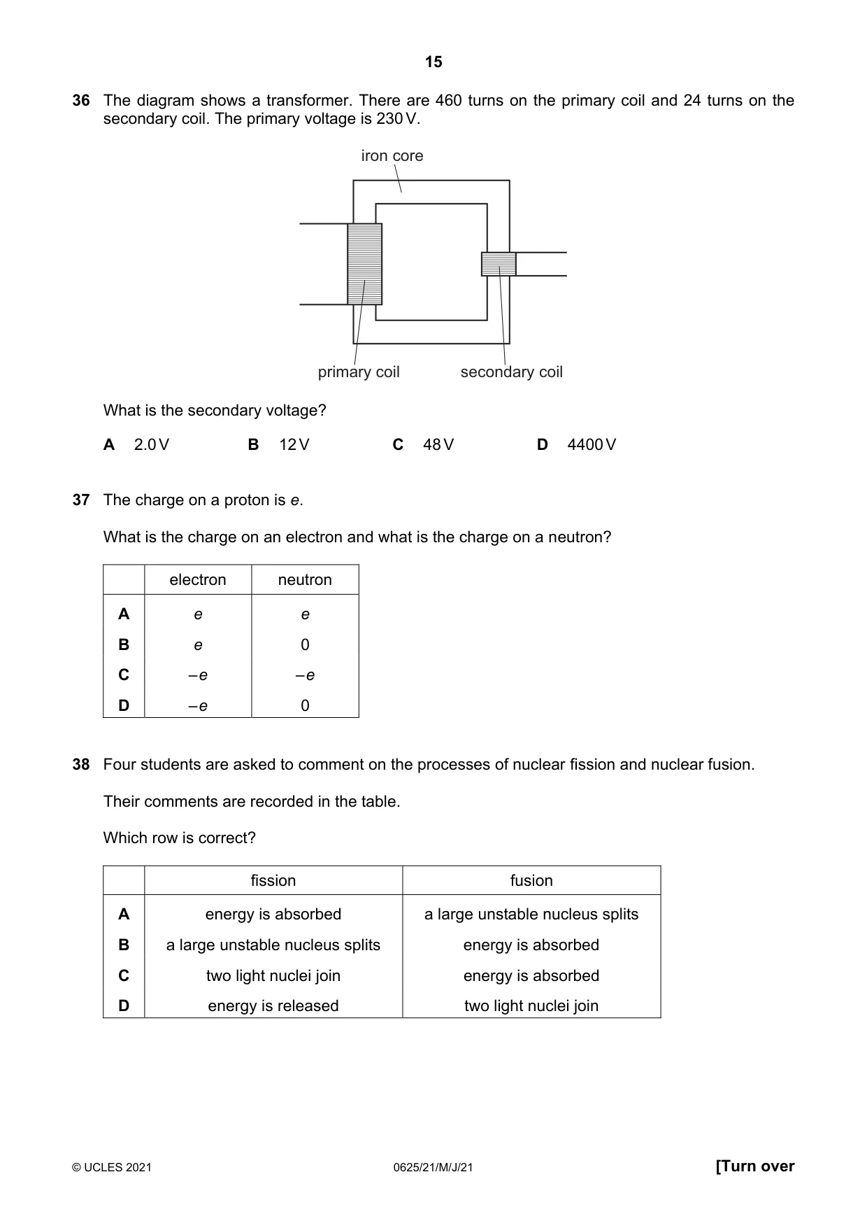Cambridge IGCSE Physics 0625 2021 May/June Paper 2 · Variant 1 question paper, page 15 of 16