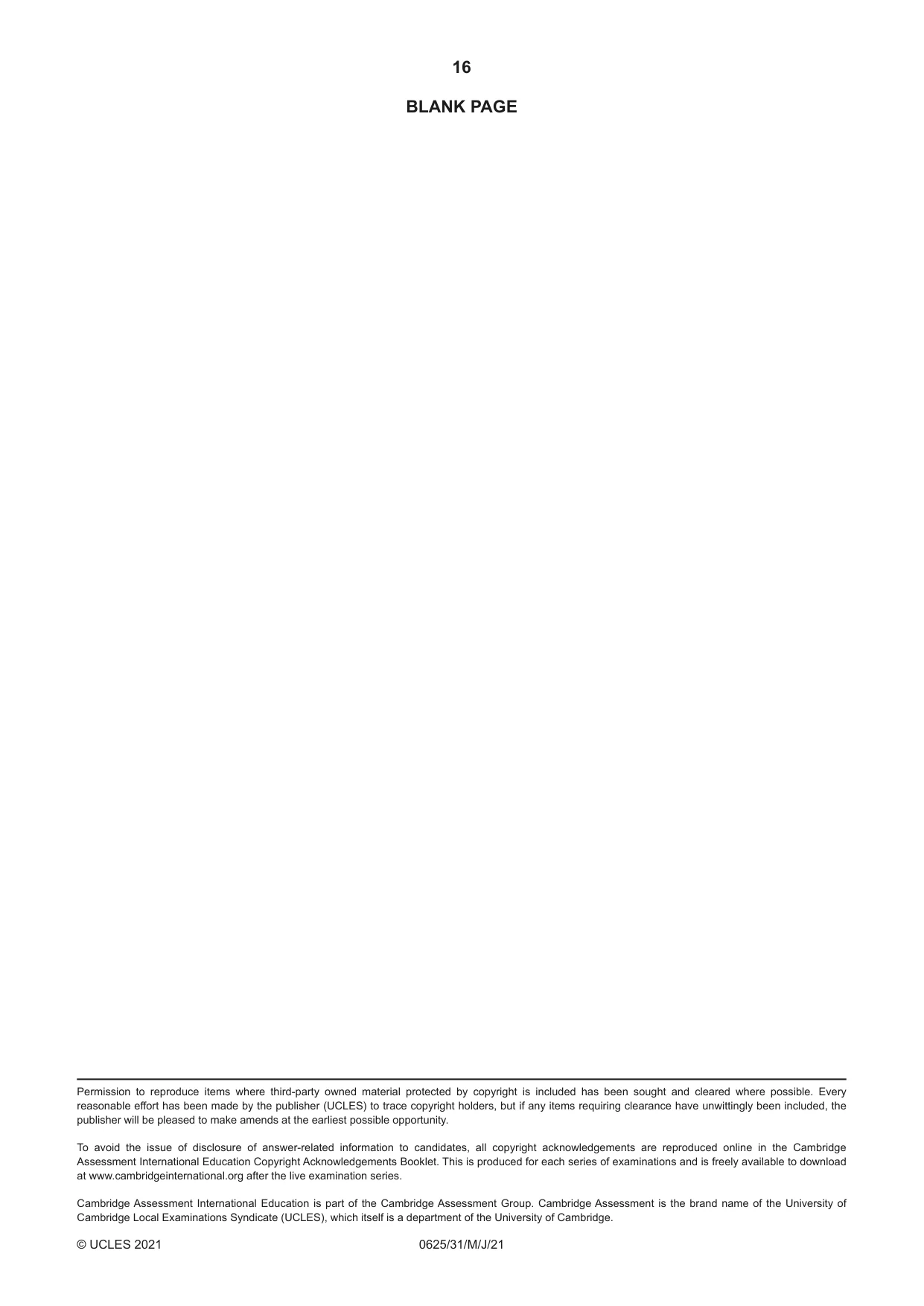 Cambridge IGCSE Physics 0625 2021 May/June Paper 3 · Variant 1 question paper, page 16 of 16