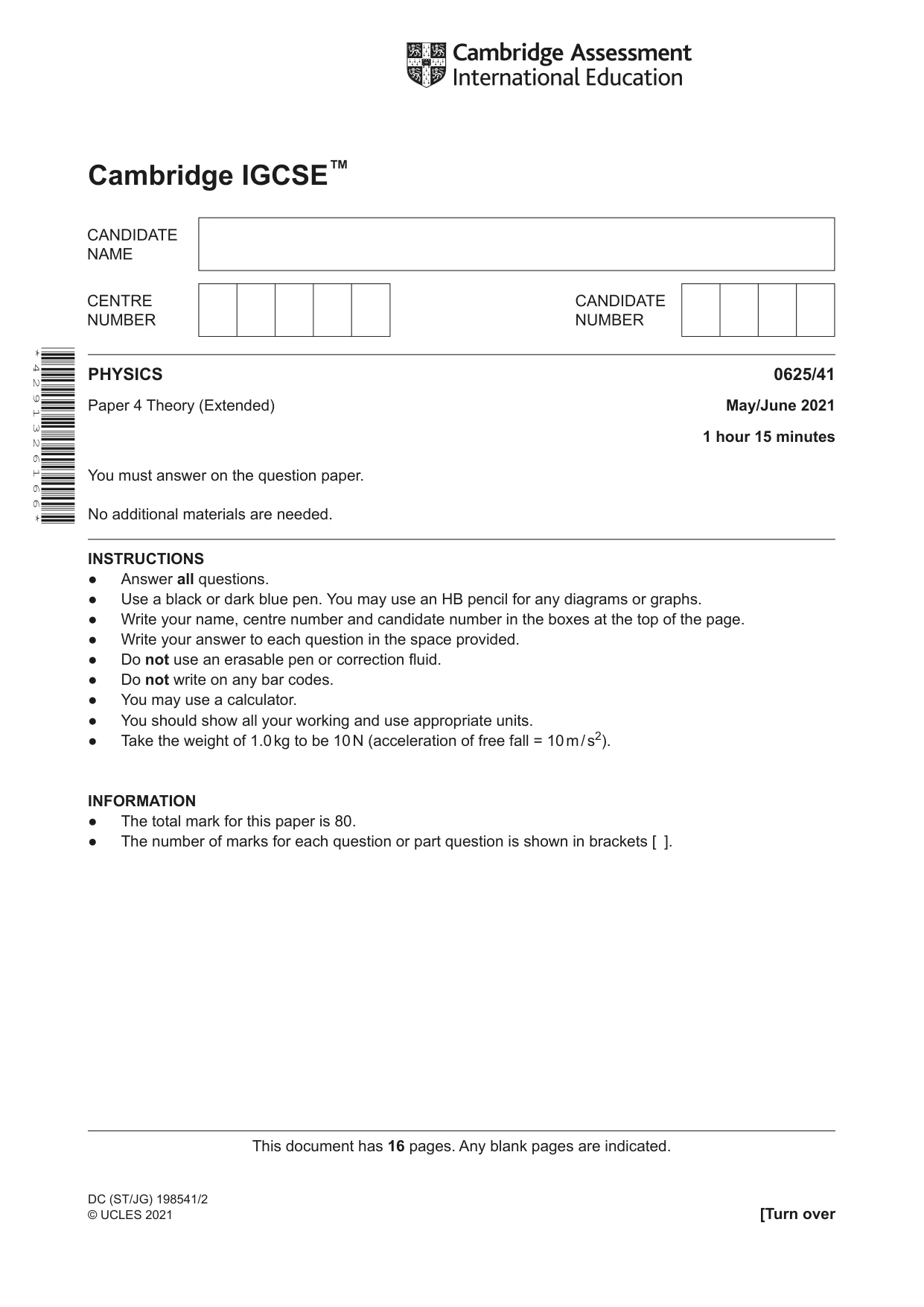 Cambridge IGCSE Physics 0625 2021 May/June Paper 4 · Variant 1 question paper, page 1 of 16