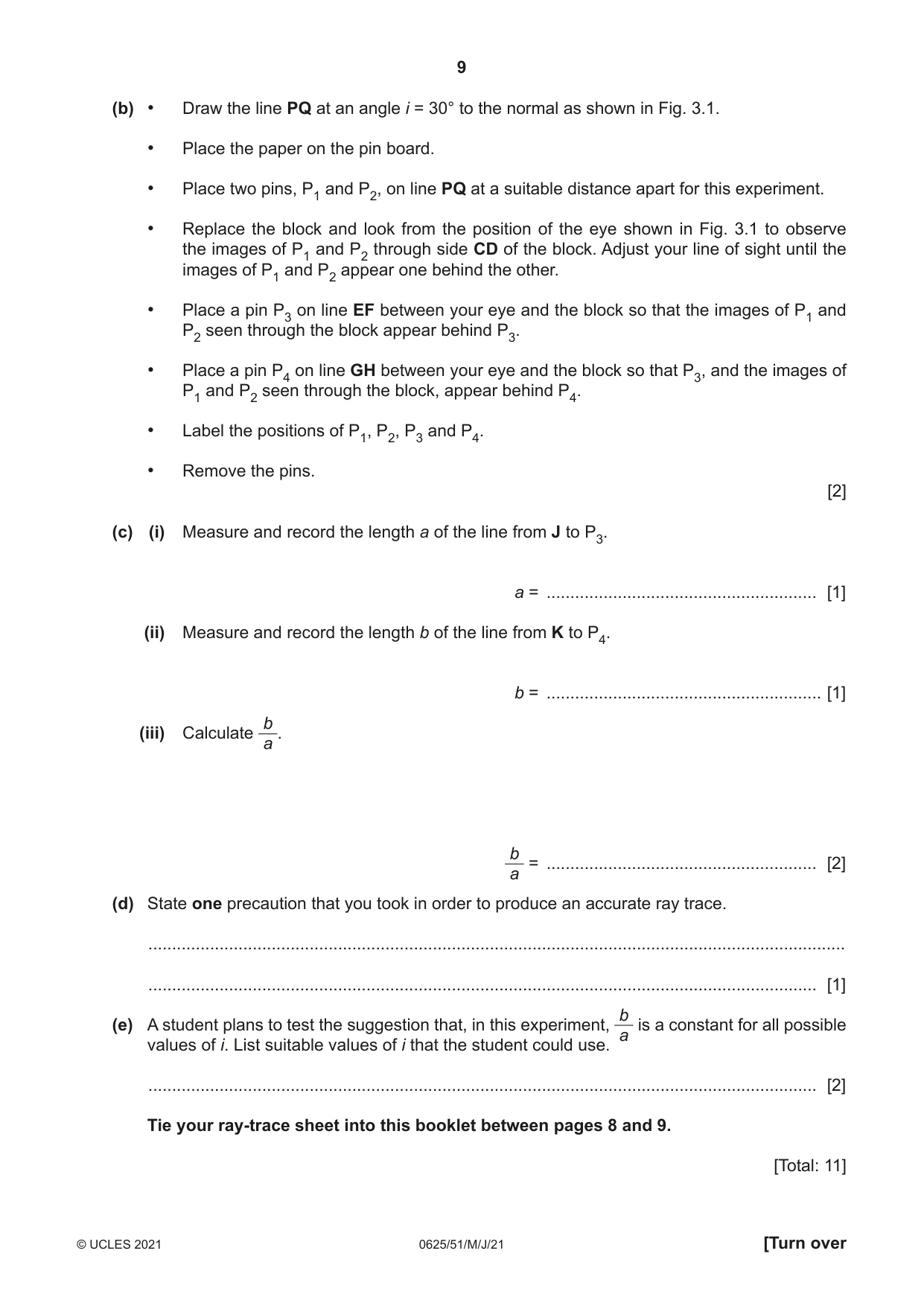 Cambridge IGCSE Physics 0625 2021 May/June Paper 5 · Variant 1 question paper, page 9 of 12