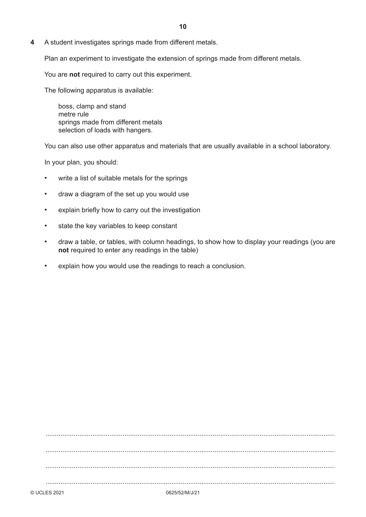 Cambridge IGCSE Physics 0625 2021 May/June Paper 5 · Variant 2 question paper, page 10 of 12