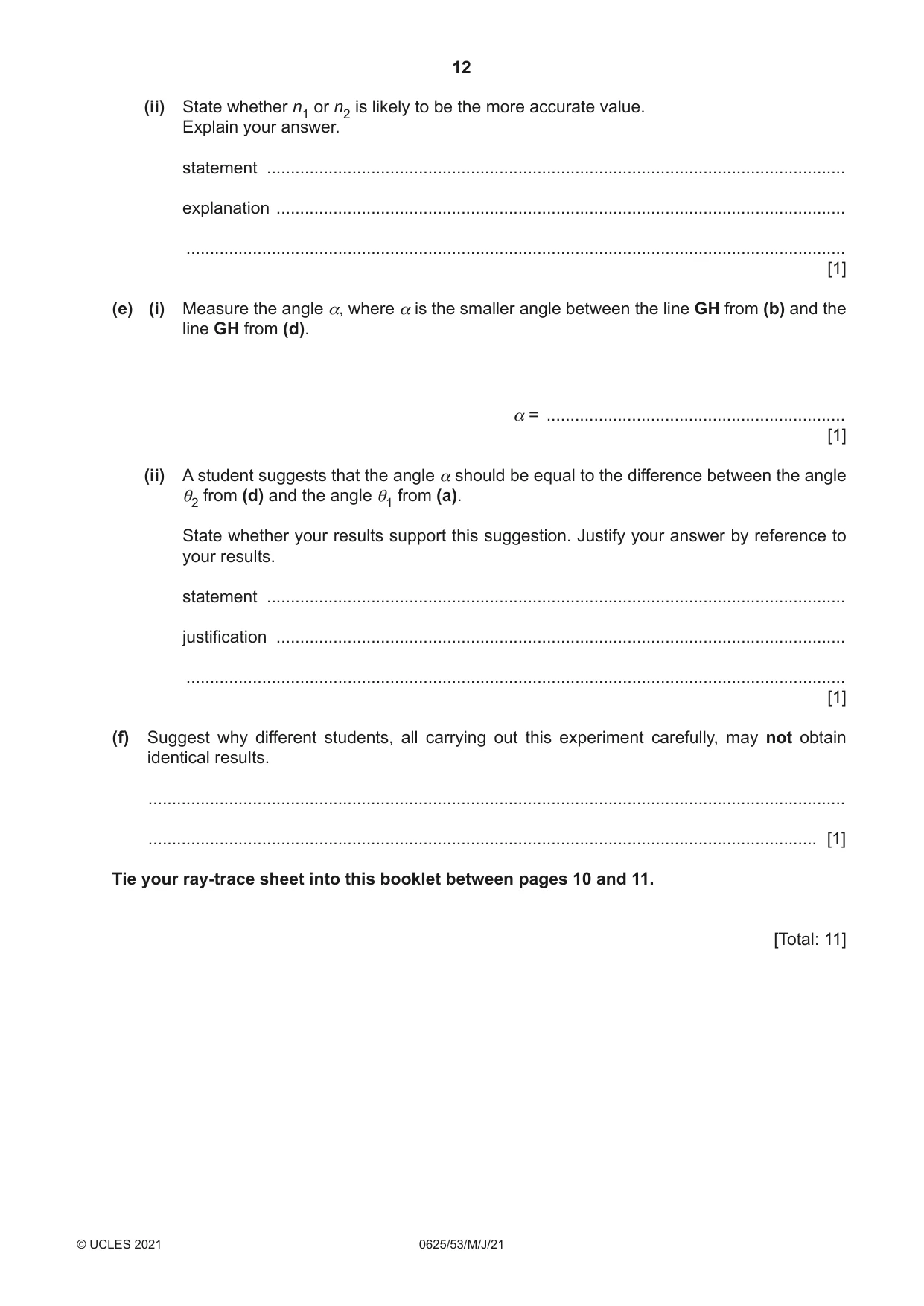Cambridge IGCSE Physics 0625 2021 May/June Paper 5 · Variant 3 question paper, page 12 of 16