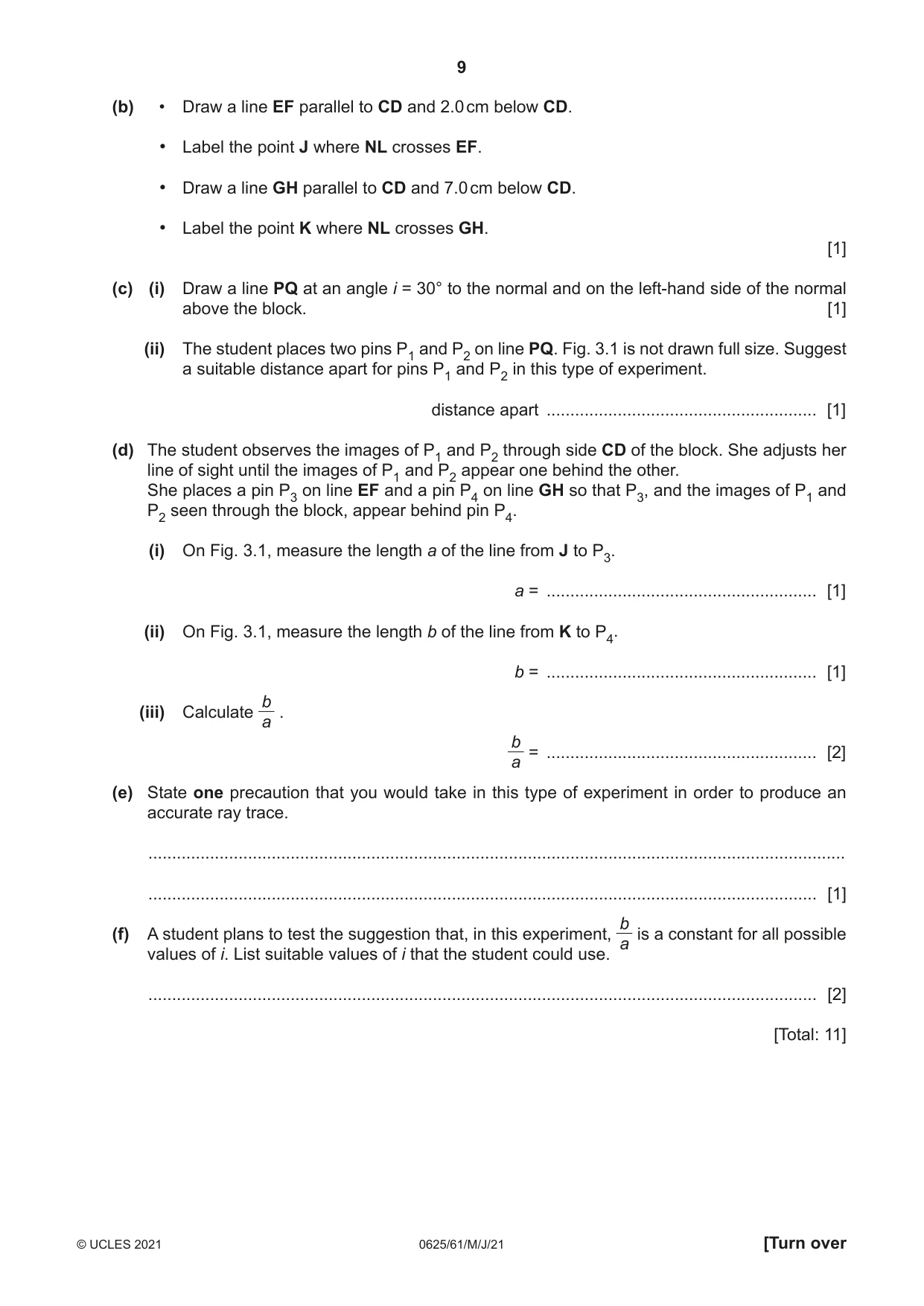 Cambridge IGCSE Physics 0625 2021 May/June Paper 6 · Variant 1 question paper, page 9 of 12