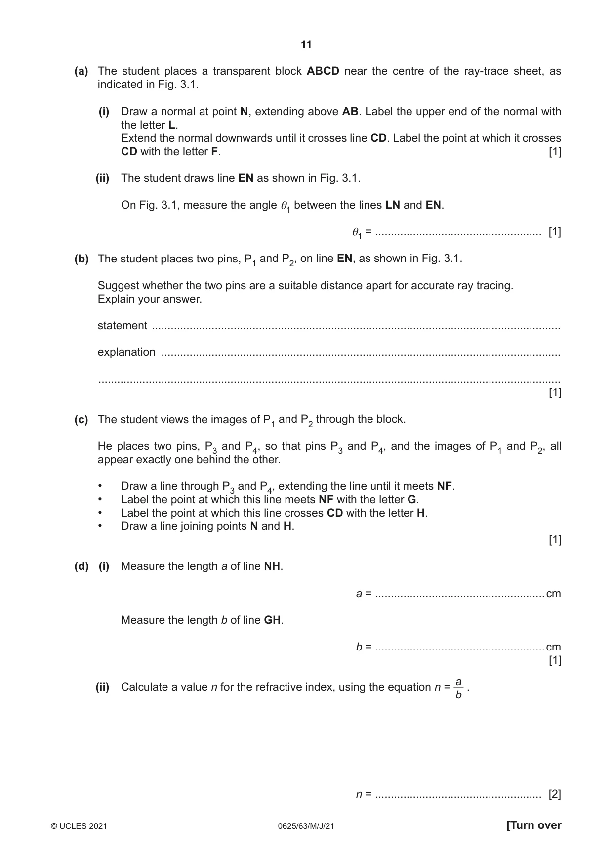 Cambridge IGCSE Physics 0625 2021 May/June Paper 6 · Variant 3 question paper, page 11 of 16