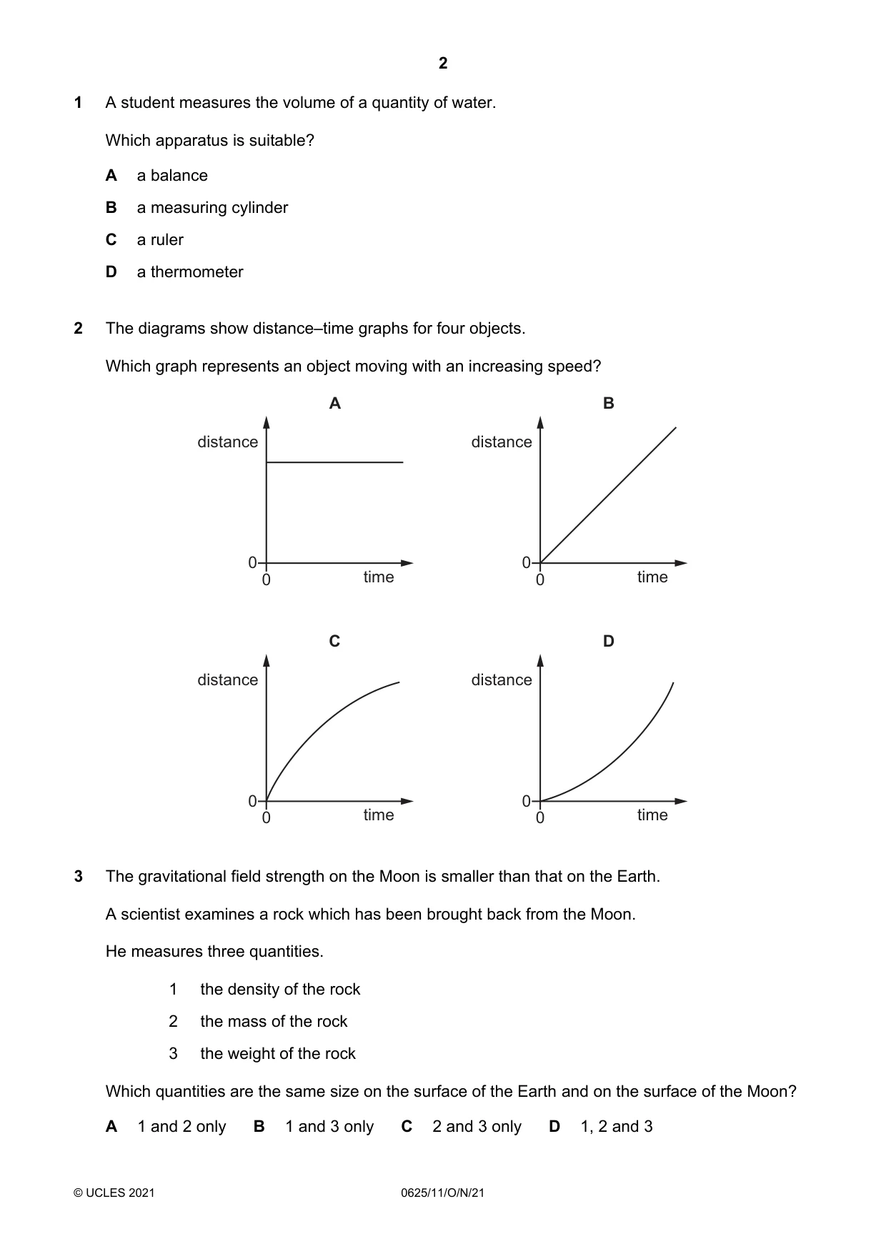 Cambridge IGCSE Physics 0625 2021 Oct/Nov Paper 1 · Variant 1 question paper, page 2 of 20