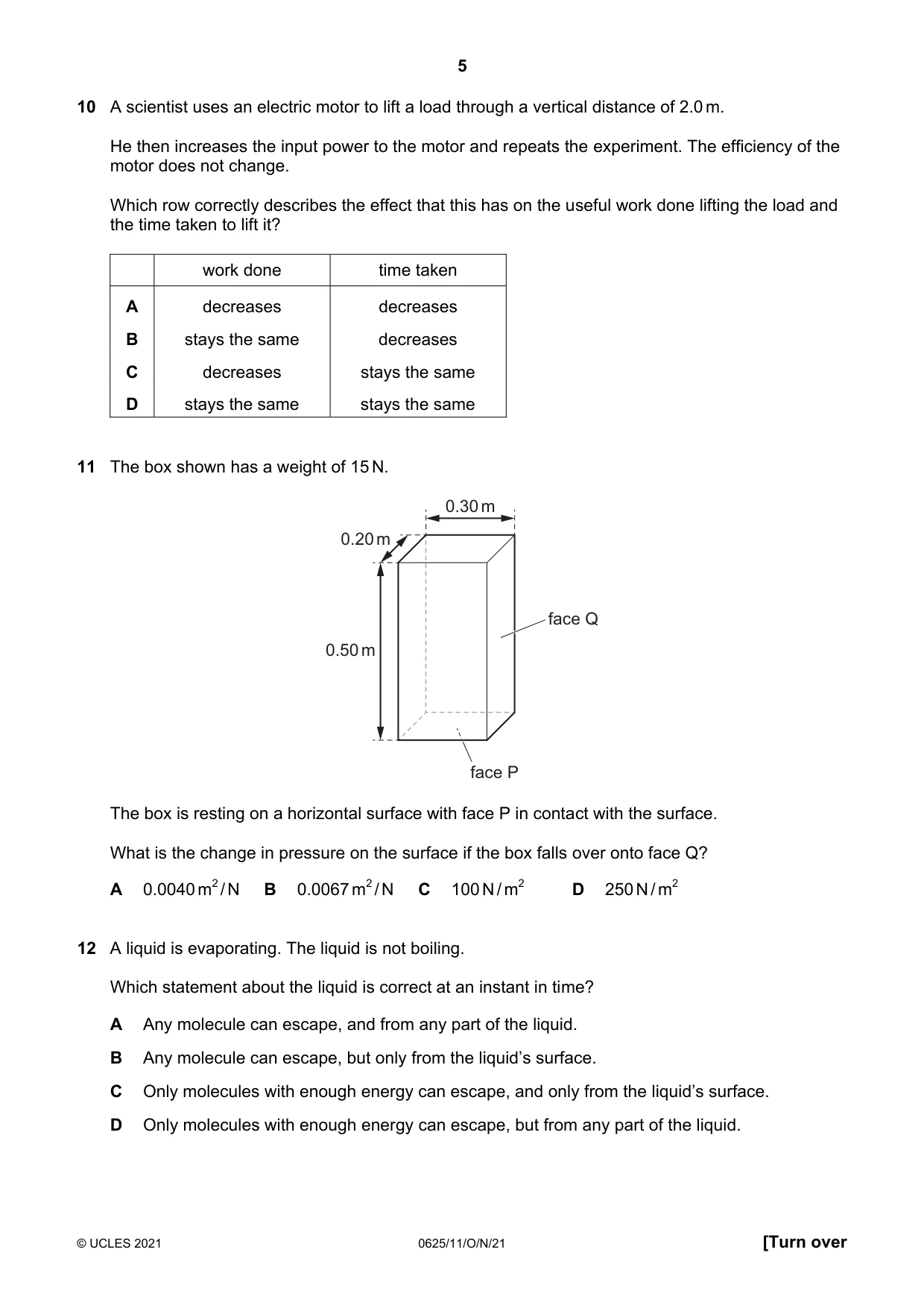 Cambridge IGCSE Physics 0625 2021 Oct/Nov Paper 1 · Variant 1 question paper, page 5 of 20