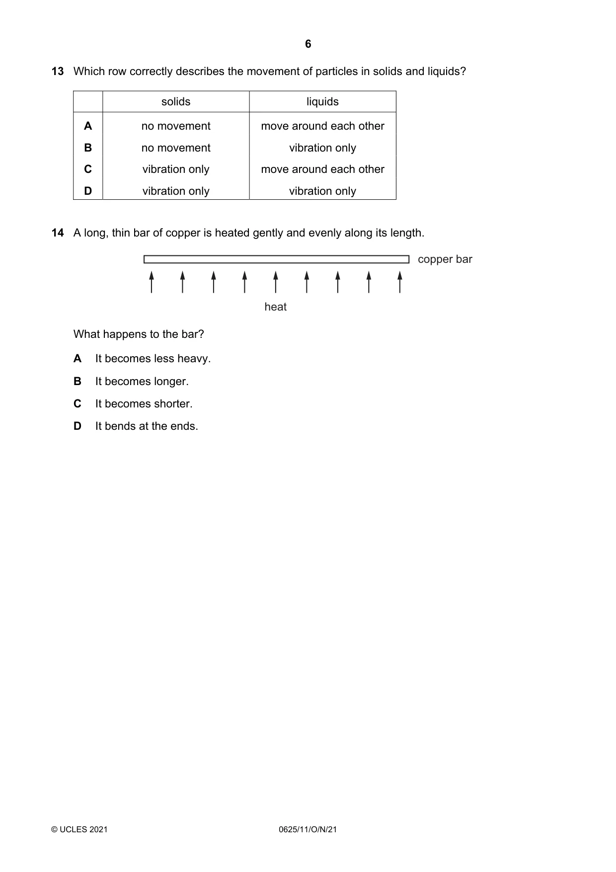 Cambridge IGCSE Physics 0625 2021 Oct/Nov Paper 1 · Variant 1 question paper, page 6 of 20