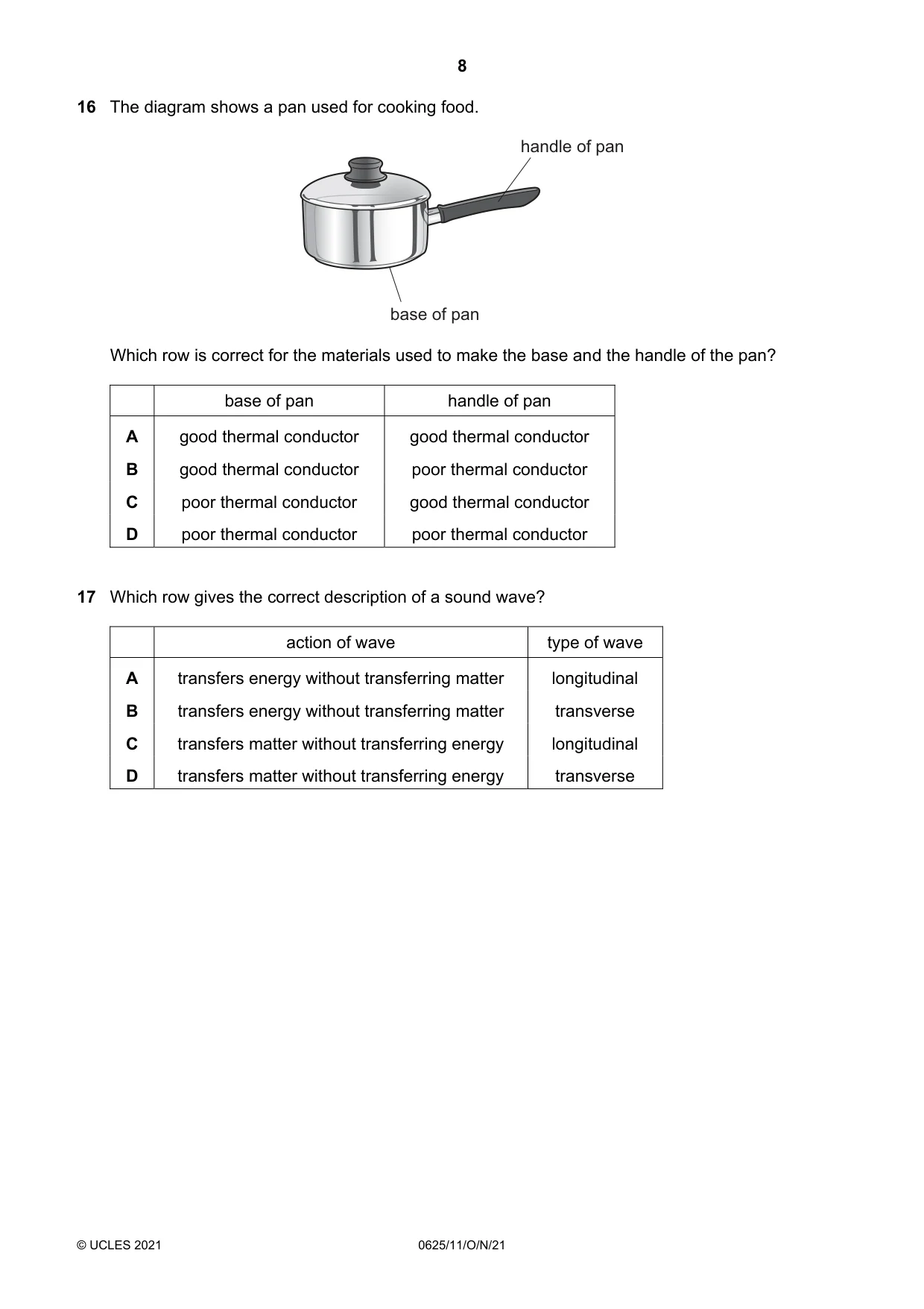Cambridge IGCSE Physics 0625 2021 Oct/Nov Paper 1 · Variant 1 question paper, page 8 of 20