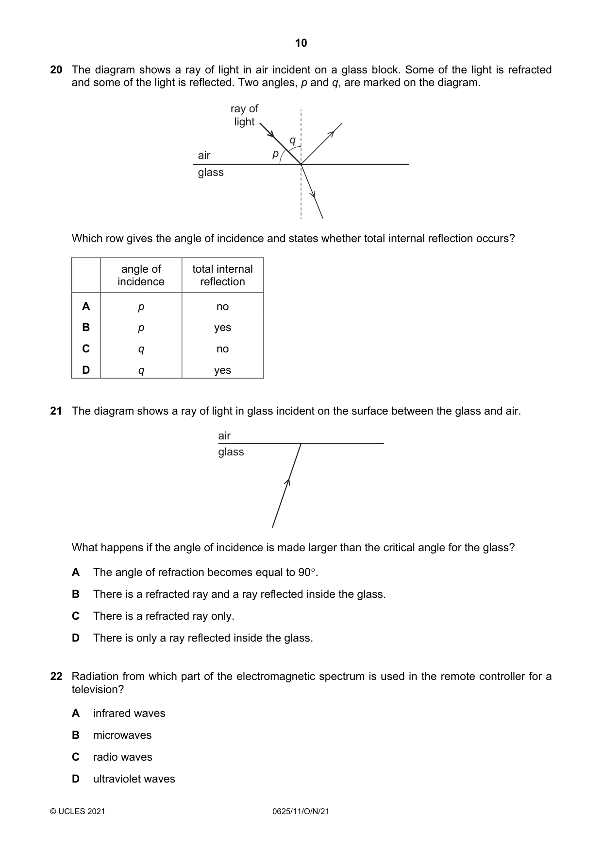 Cambridge IGCSE Physics 0625 2021 Oct/Nov Paper 1 · Variant 1 question paper, page 10 of 20