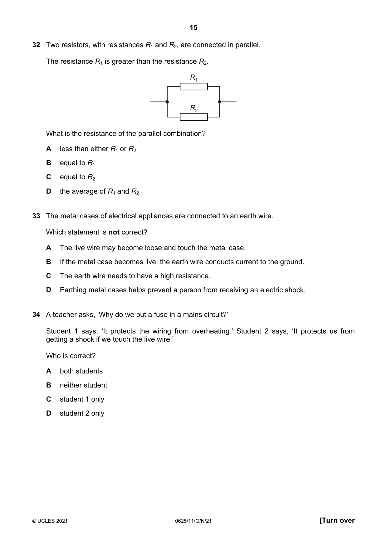 Cambridge IGCSE Physics 0625 2021 Oct/Nov Paper 1 · Variant 1 question paper, page 15 of 20
